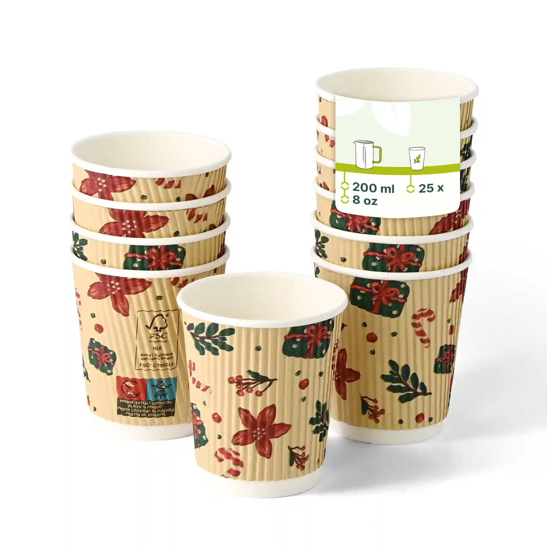 Stack of eight 8 oz ripple cups with a winter design, featuring floral and gift motifs on a brown background.