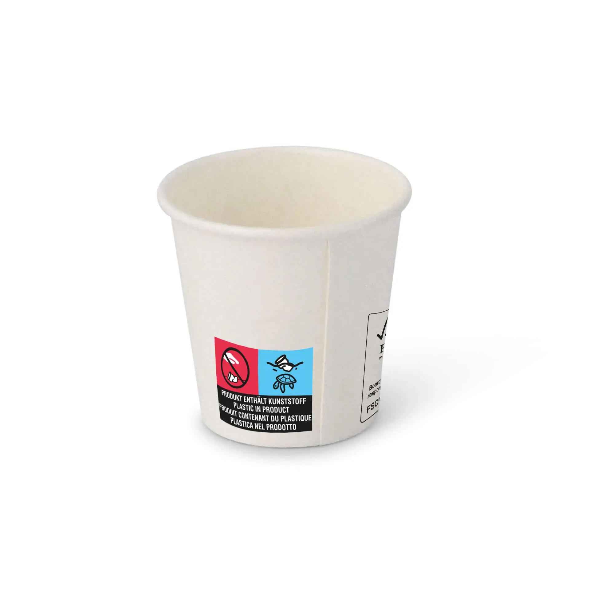 White paper cup with a round shape, featuring a label with symbols and markings on the side.