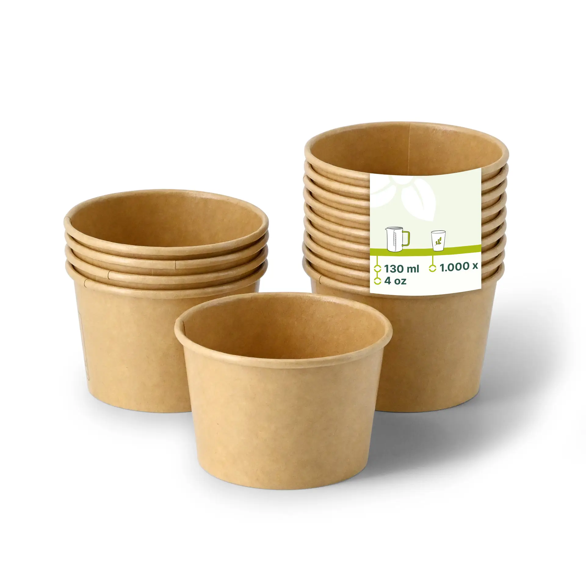 The product details for the specified number could not be found. I will generate the alt text based on the visible image description.

**Alt Text:** "Stack of brown paper cups with one in focus; a label indicating 130 ml (4 oz) capacity displayed."