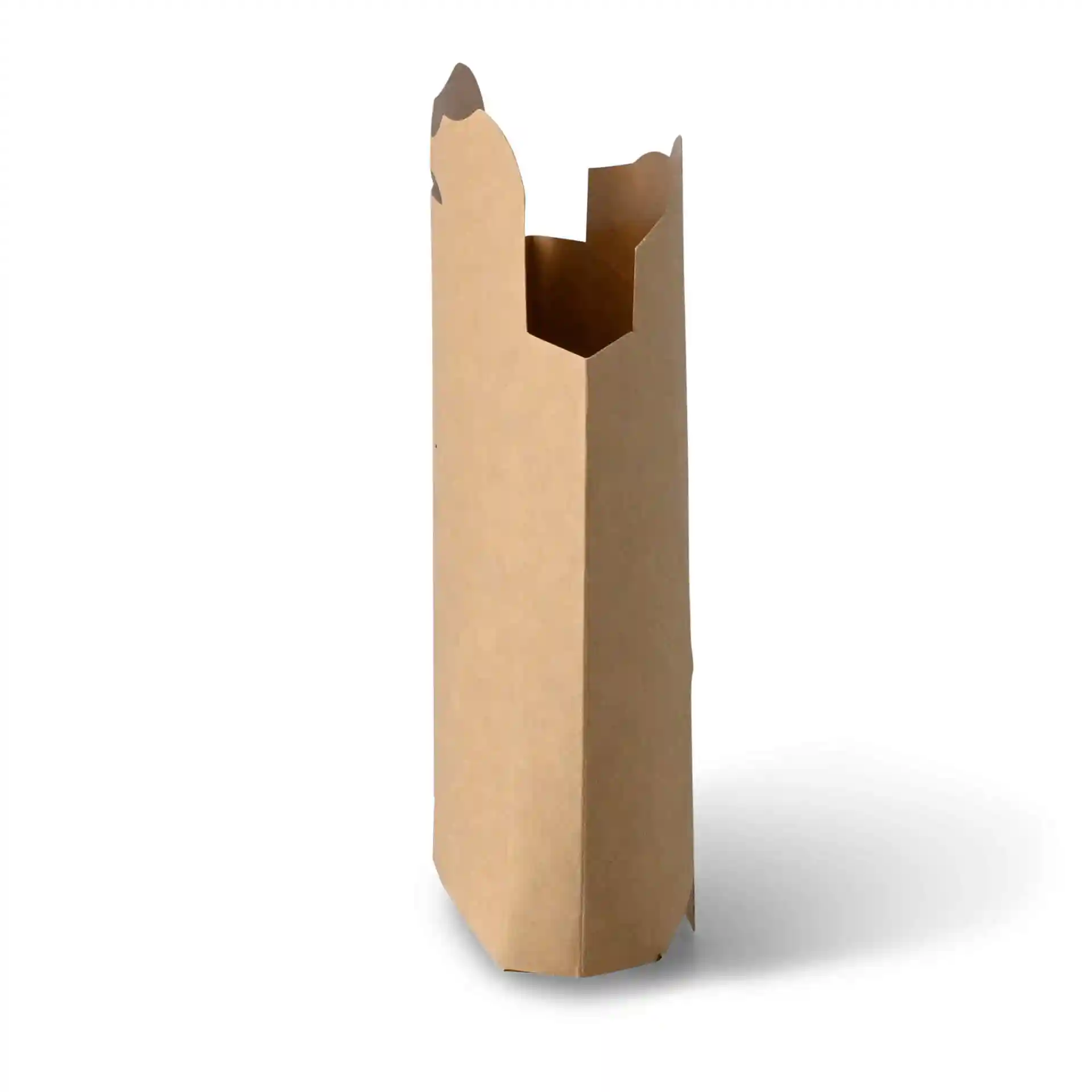 Brown cardboard chip scoop with an open top and a tapered base, measuring 8 x 5.5 x 11 cm.
