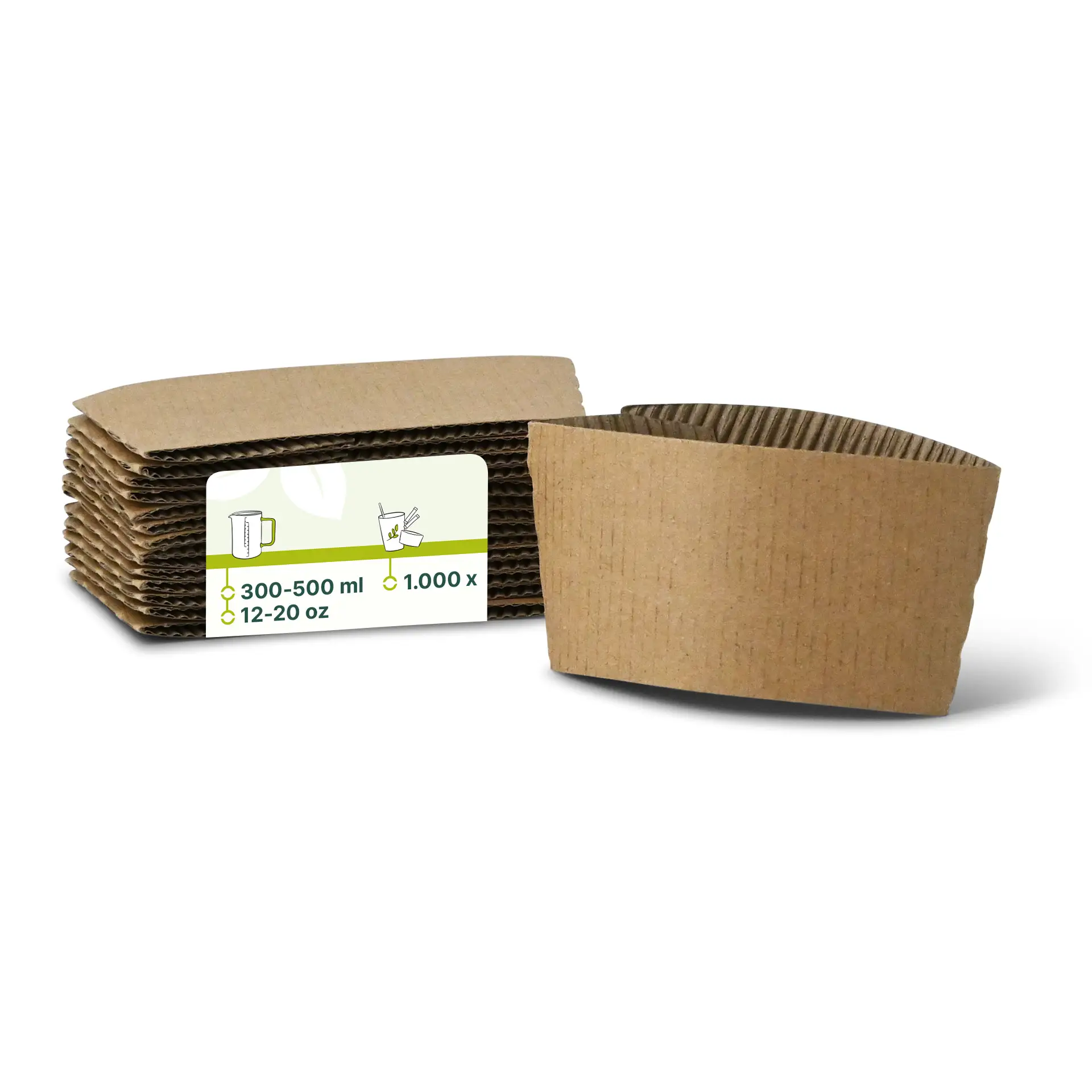 Brown cardboard cup sleeves for 300-500 ml paper cups, with a height of 65 mm and width of 130 mm.