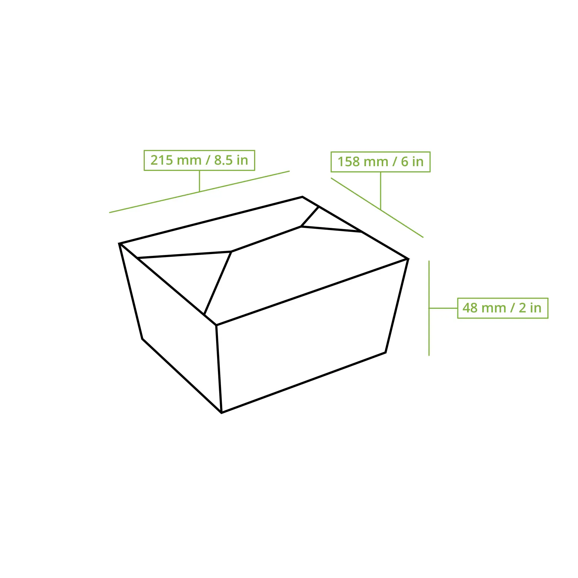 Takeaway food packaging container with dimensions 215 mm x 158 mm x 48 mm, suitable for hot and cold dishes, biodegradable.