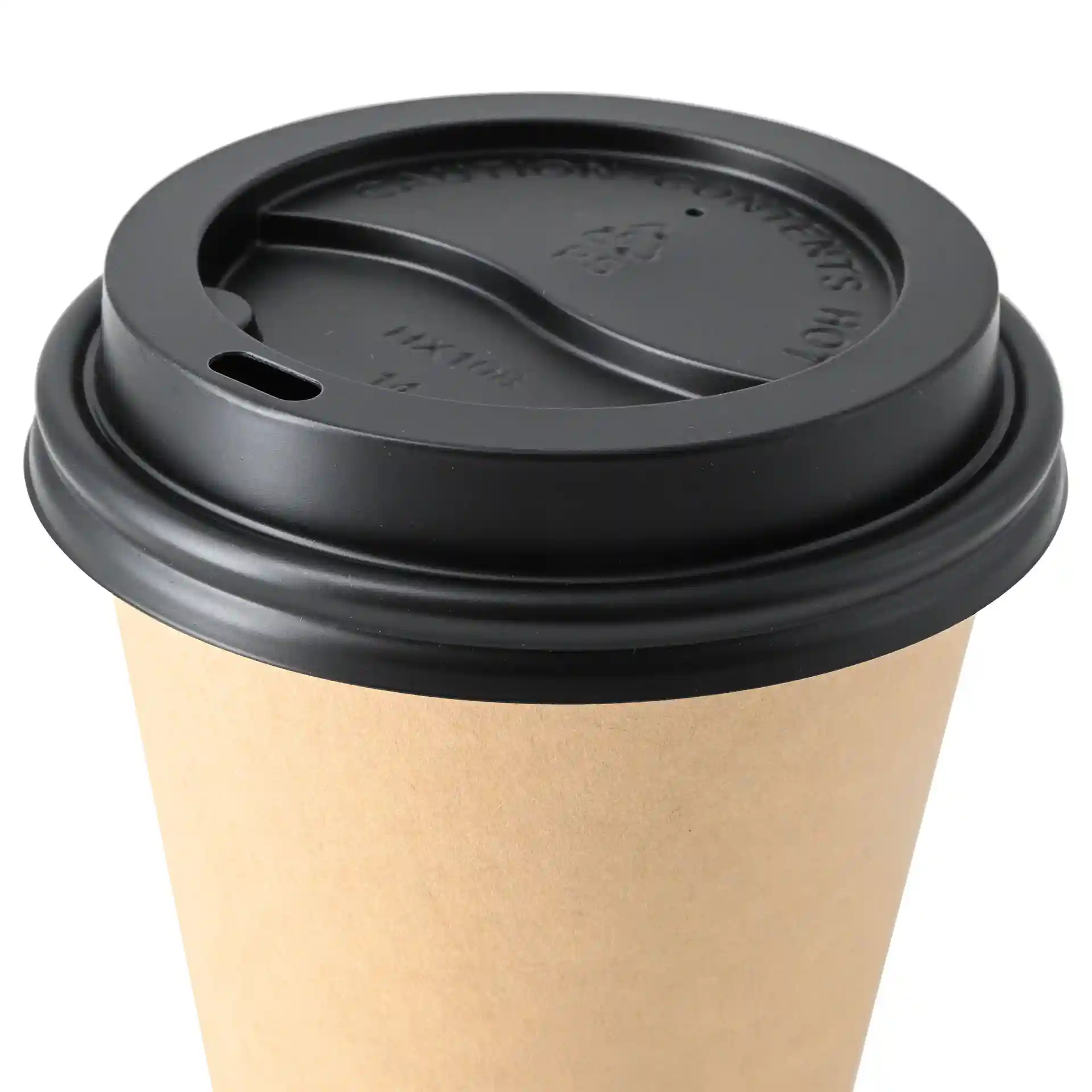 Black PS lid with a drinking hole, designed for a round cup with a 90 mm diameter.