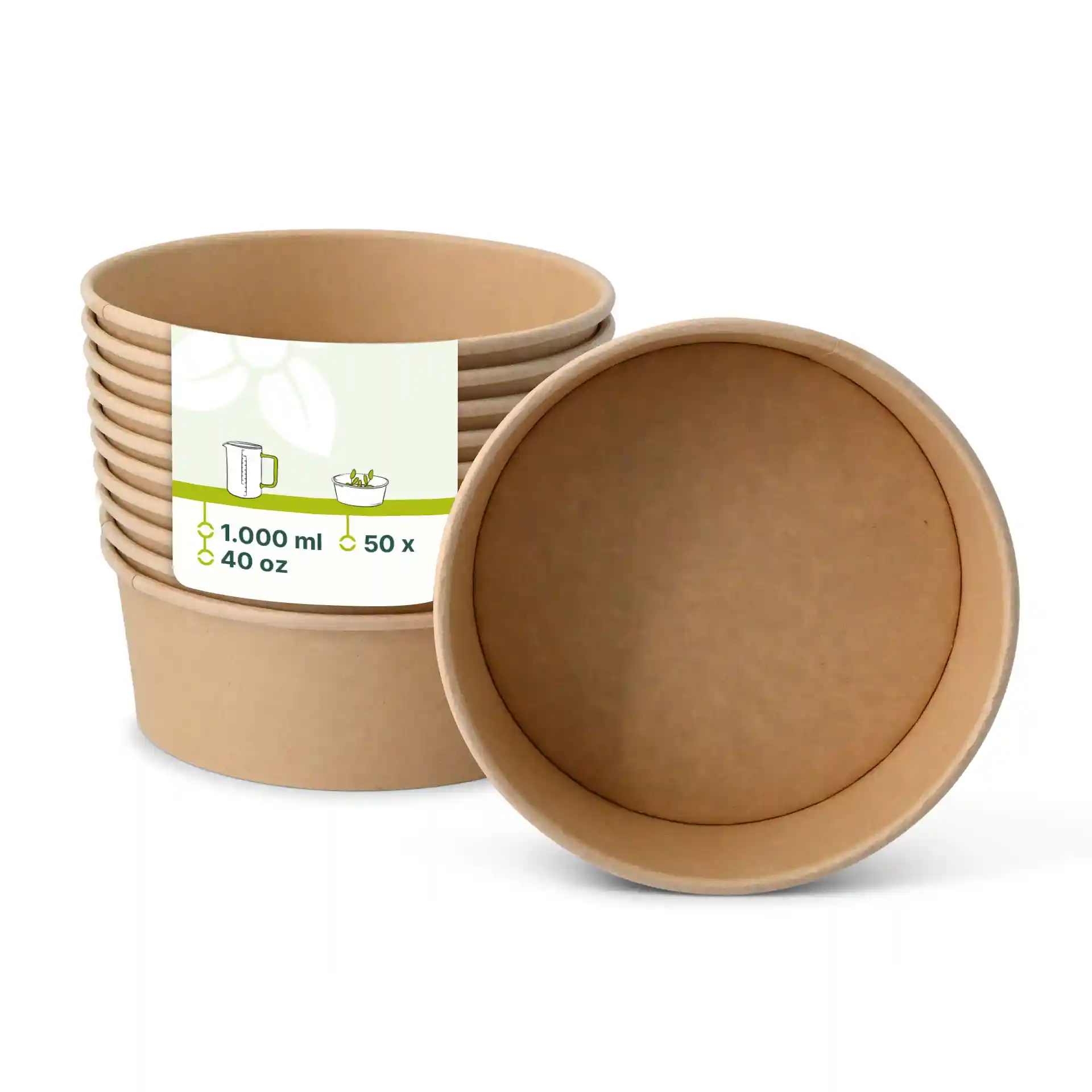 Set of brown round paper bowls with a diameter of 185 mm, showing one bowl upright and several stacked behind.