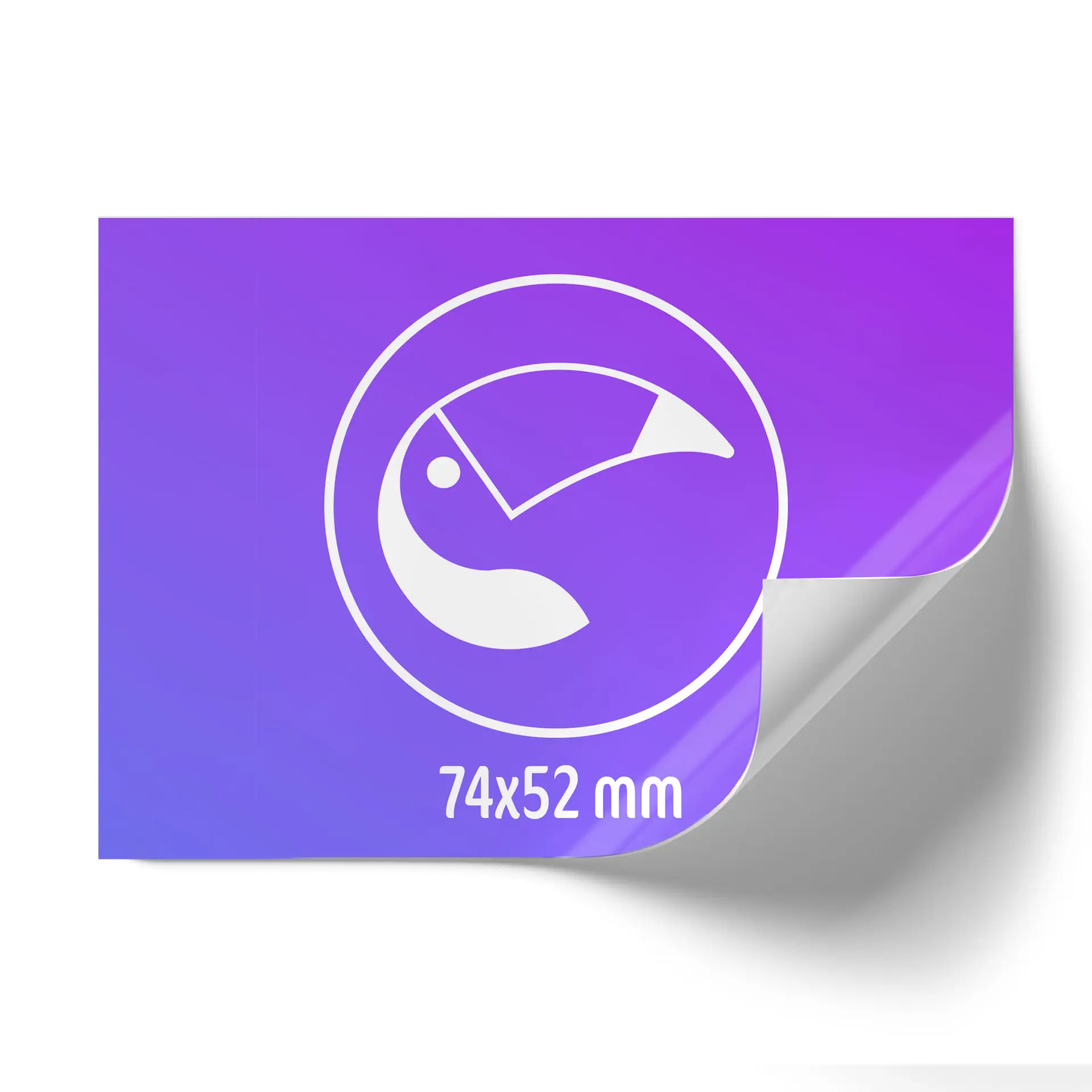 Graphic sticker featuring a design in white on a gradient purple background, size 74x52 mm, with a rounded corner.