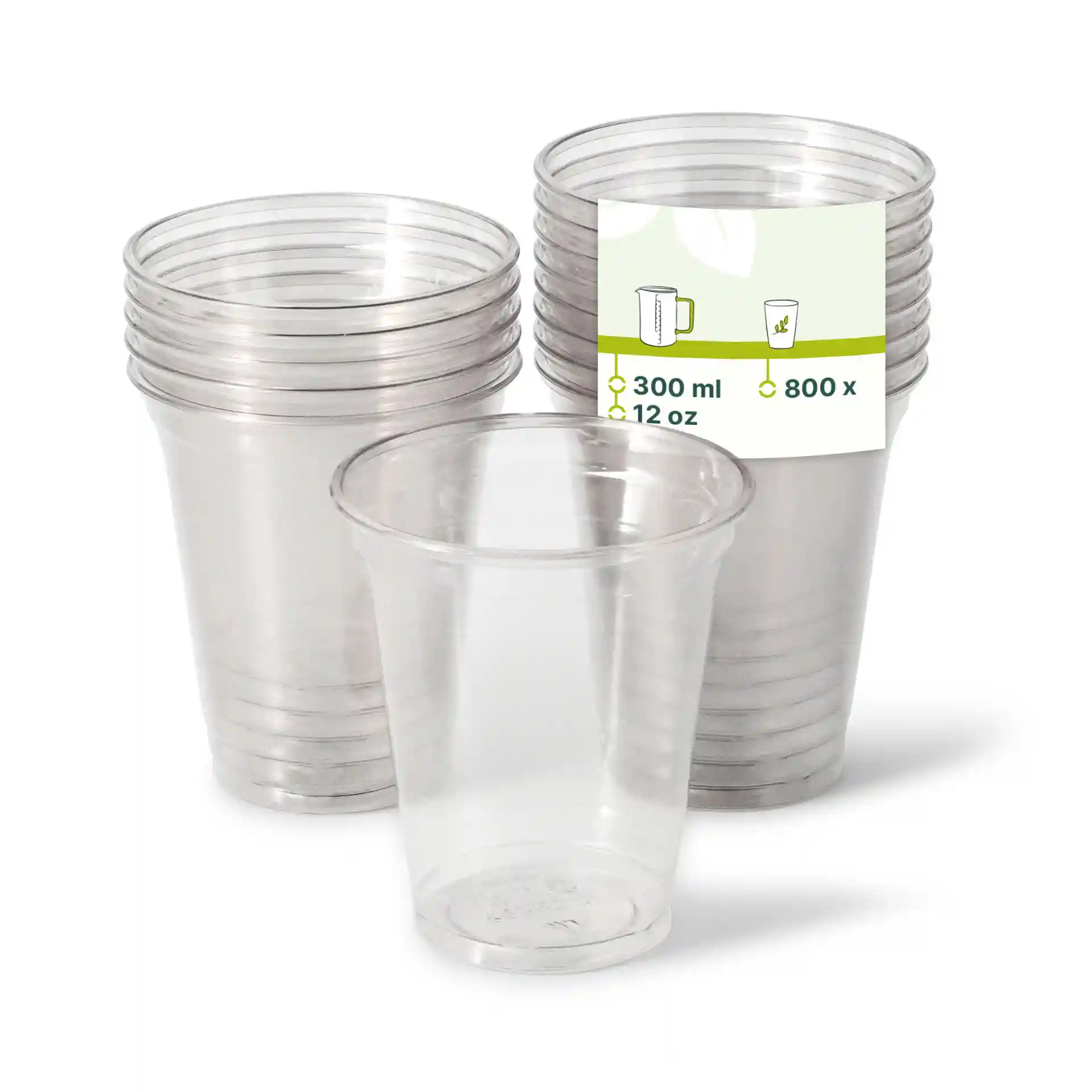 Transparent rPET clear cups stacked, with one cup in front and a label showing capacity and quantity.