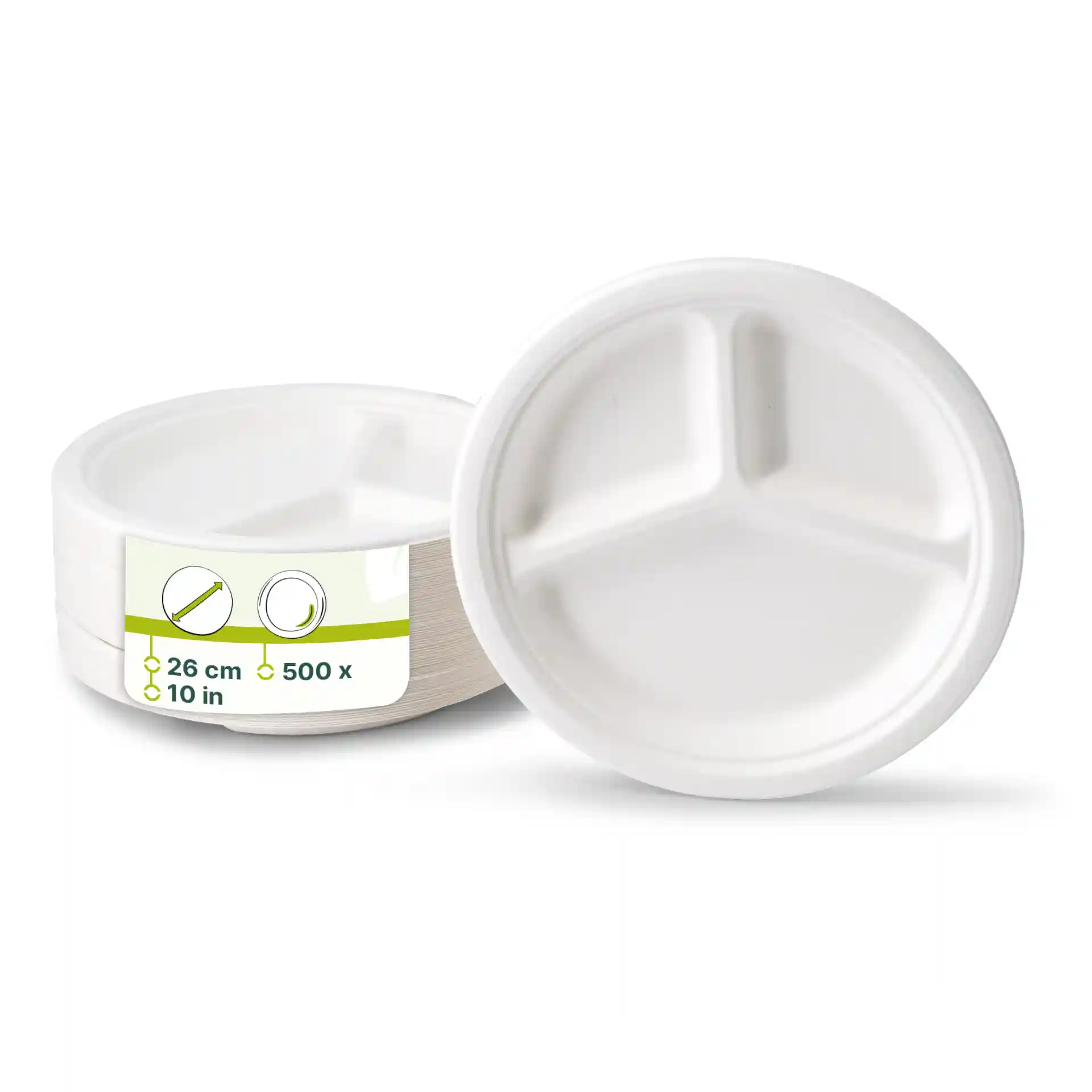 White round sugarcane plate with three compartments, 26 cm in diameter, stacked with a label visible.