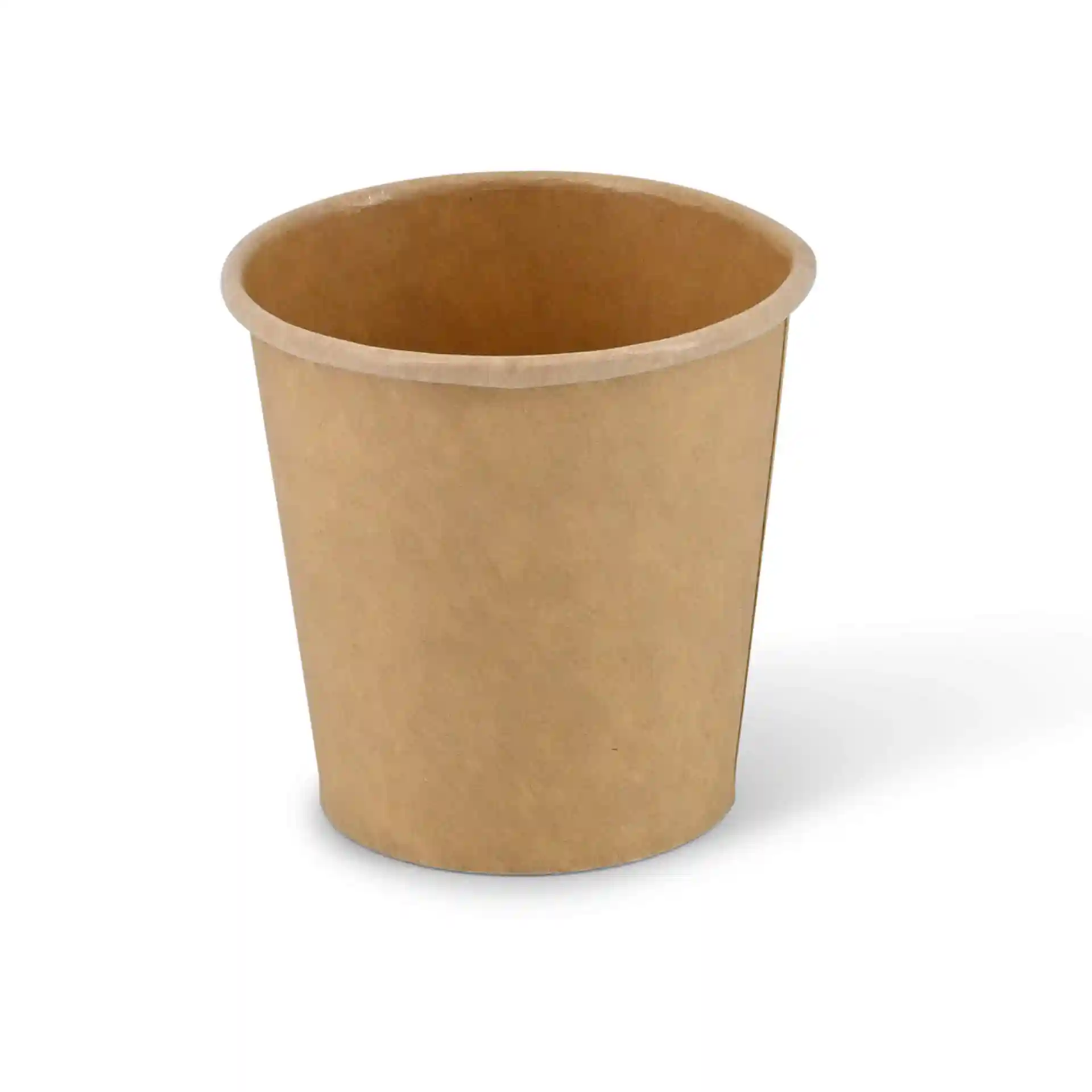 Brown round cardboard deli container with a height of 61 mm and a top diameter of 62 mm.