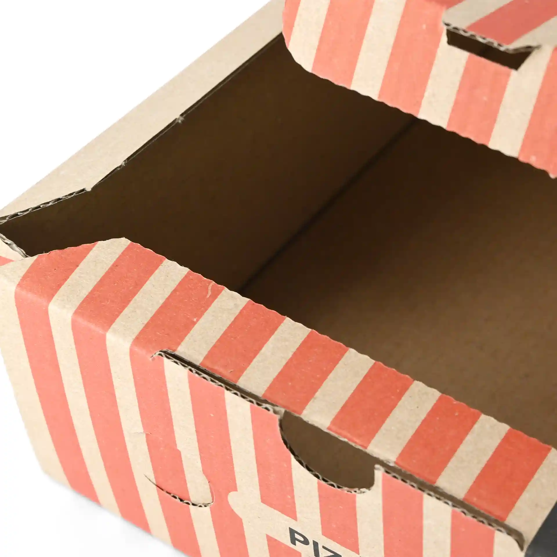 Cardboard pizza box with red and beige stripes, partially open, showing the interior space.