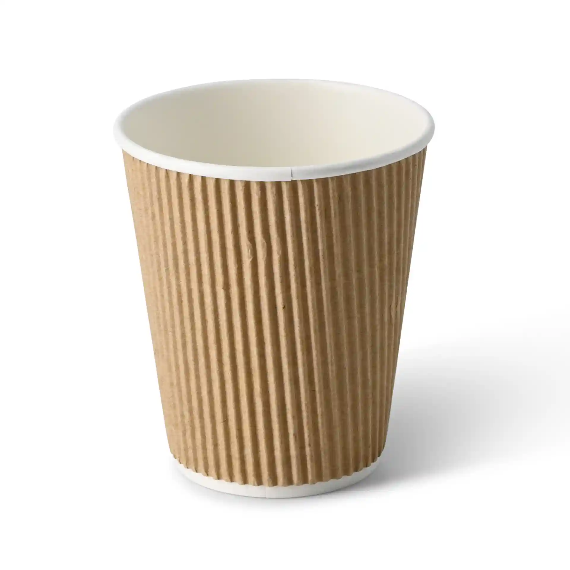 Brown ripple coffee cup made of cardboard, with a white inner lining and a round shape, 10 oz capacity.