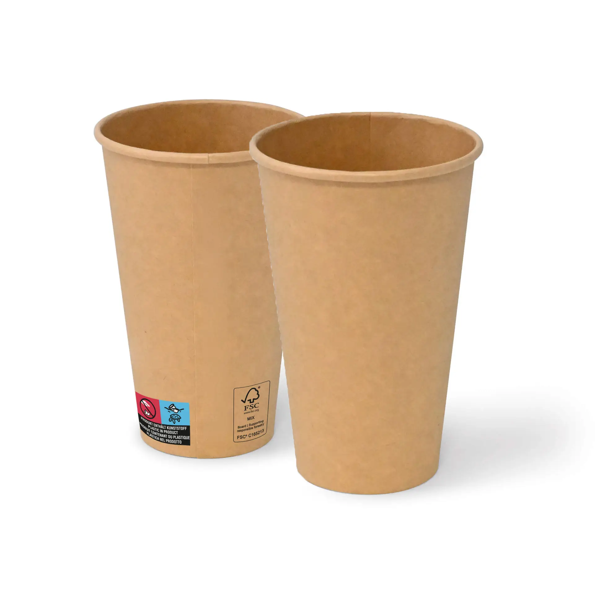 Two 16 oz brown paper cups with PE coating, featuring a classic design and stacked together.