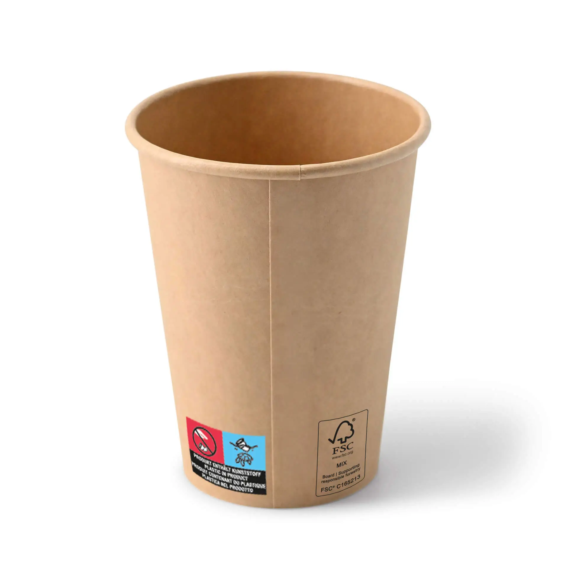 Brown 12 oz paper cup with a round shape and a coated surface, showing a label with symbols on the side.