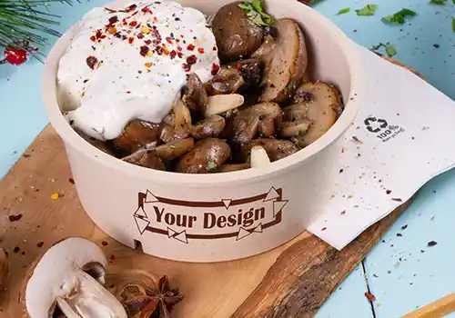 Stack of colorful food bowls labeled "HAPPY BOWL" in various designs, with a separate food container in the background.