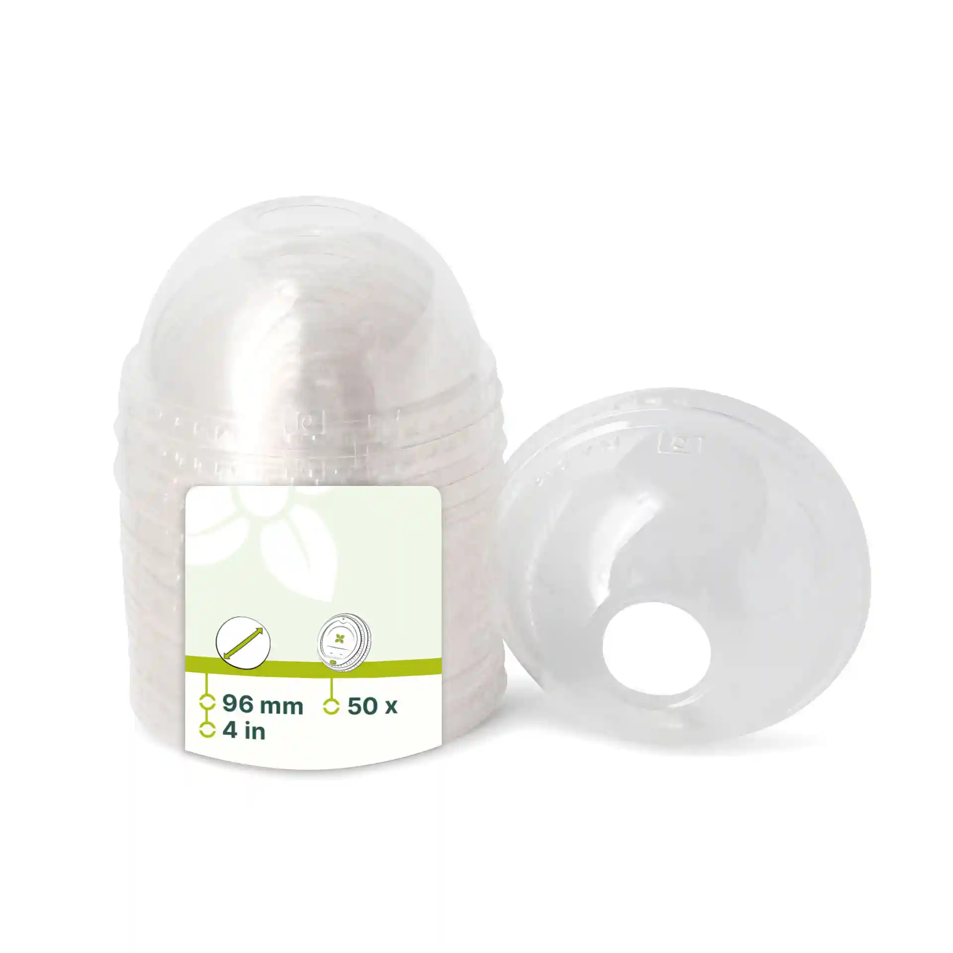 Transparent PLA dome lids with a straw hole, 96 mm diameter, stacked with one lid beside.