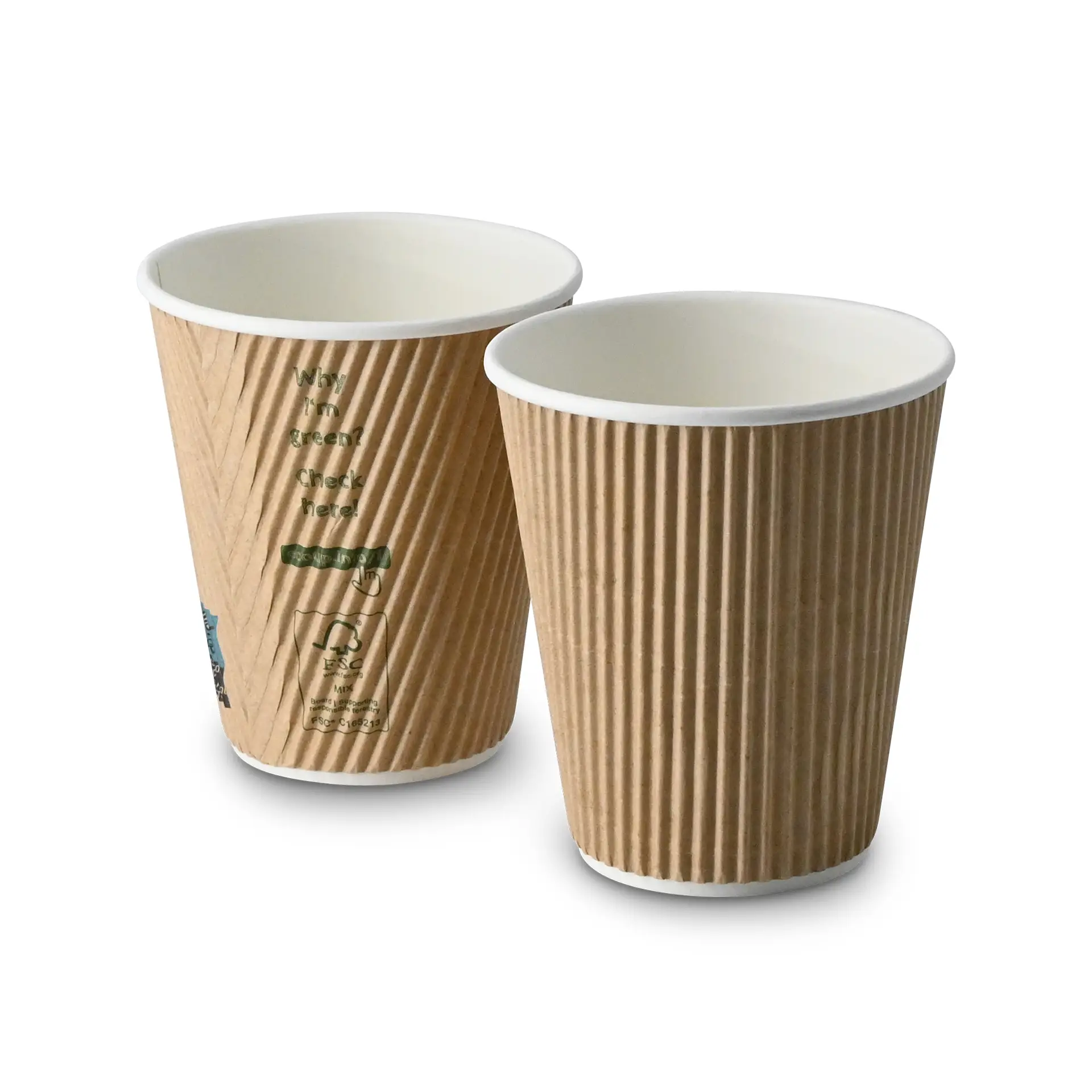 Two 10 oz insulated coffee cups; brown ribbed exterior, white interior, suitable for hot drinks.