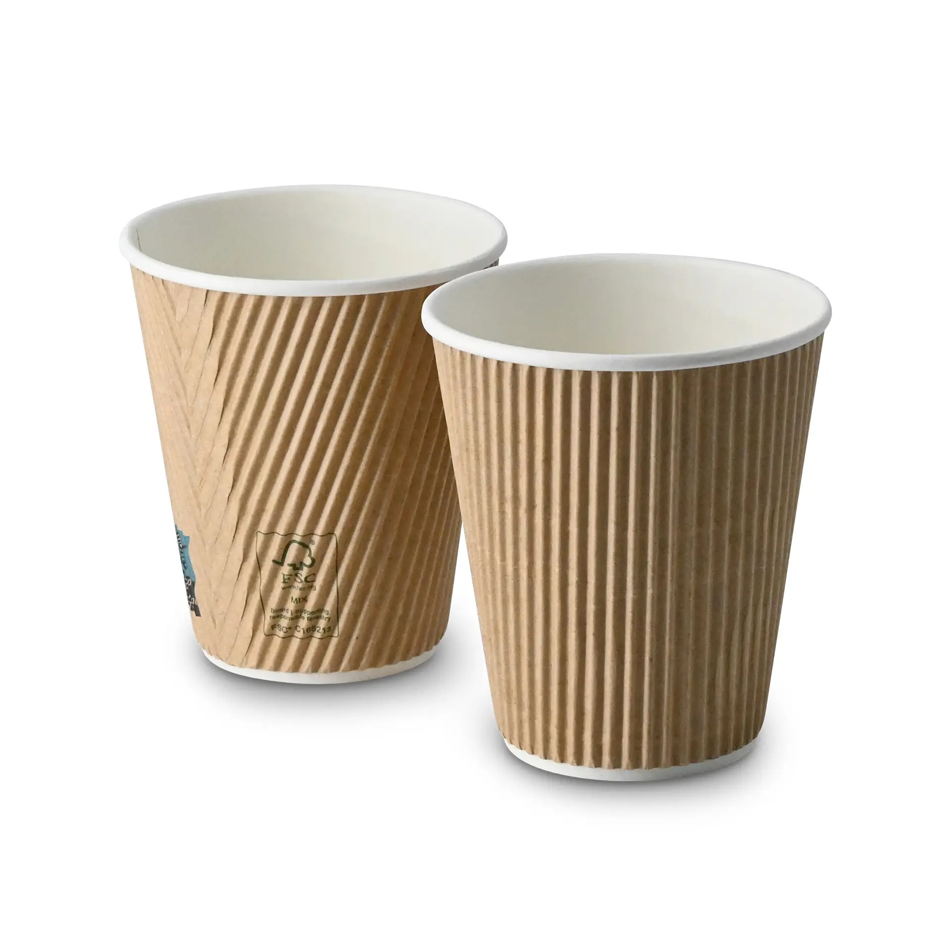 Two 10 oz insulated coffee cups; brown ribbed exterior, white interior, suitable for hot drinks.