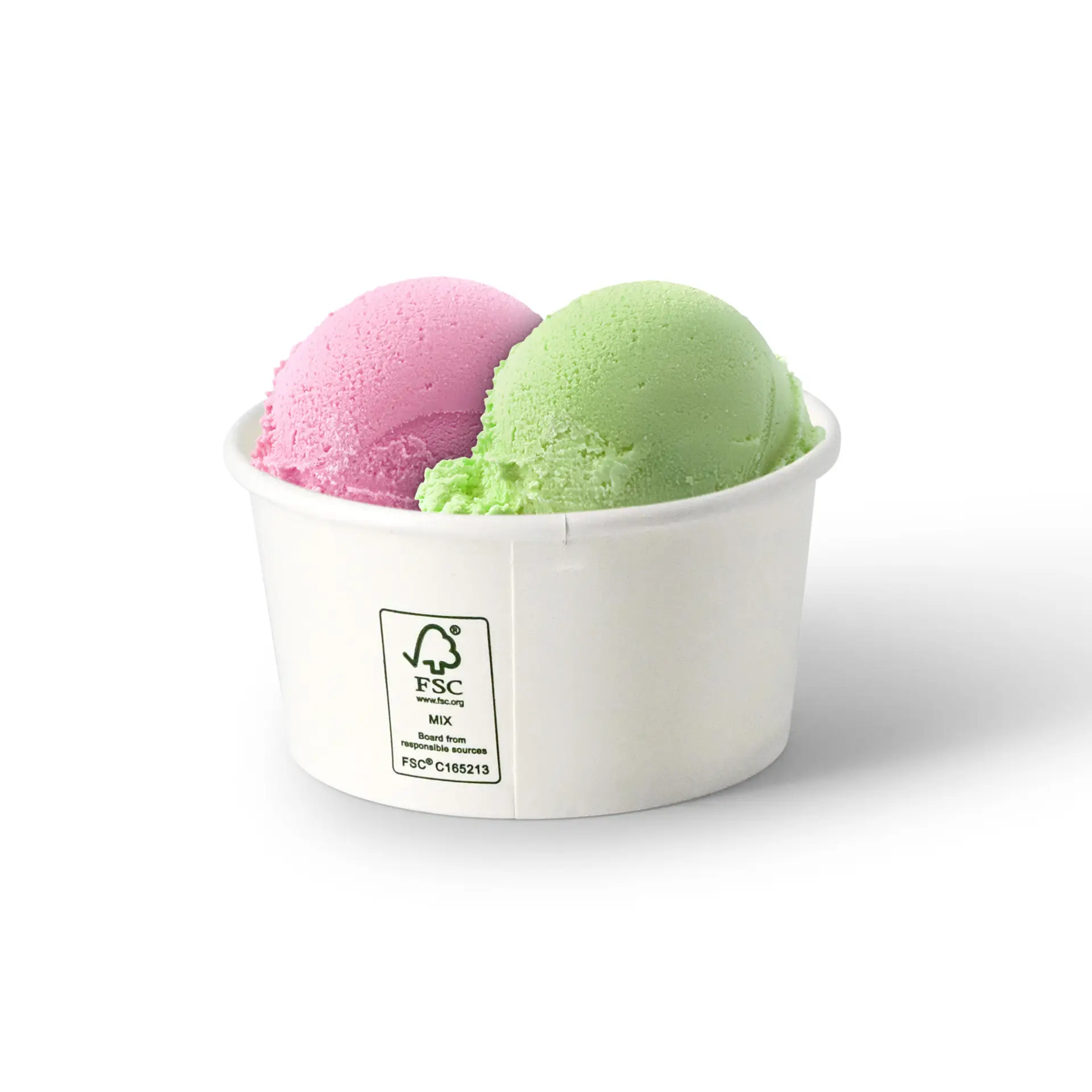 Round white paper ice cream cup containing pink and green ice cream scoops.