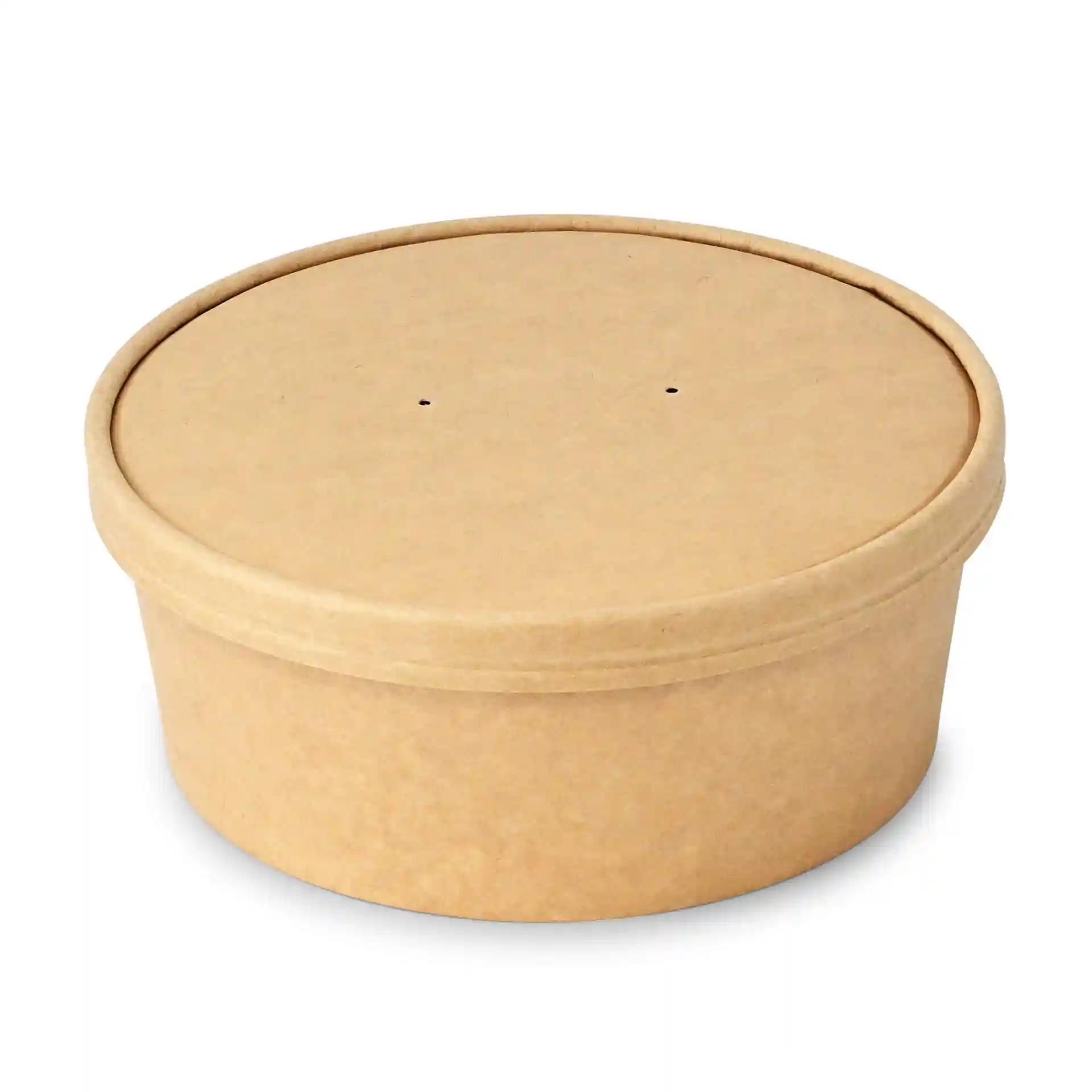 Round brown cardboard container with a lid and two small holes on top.