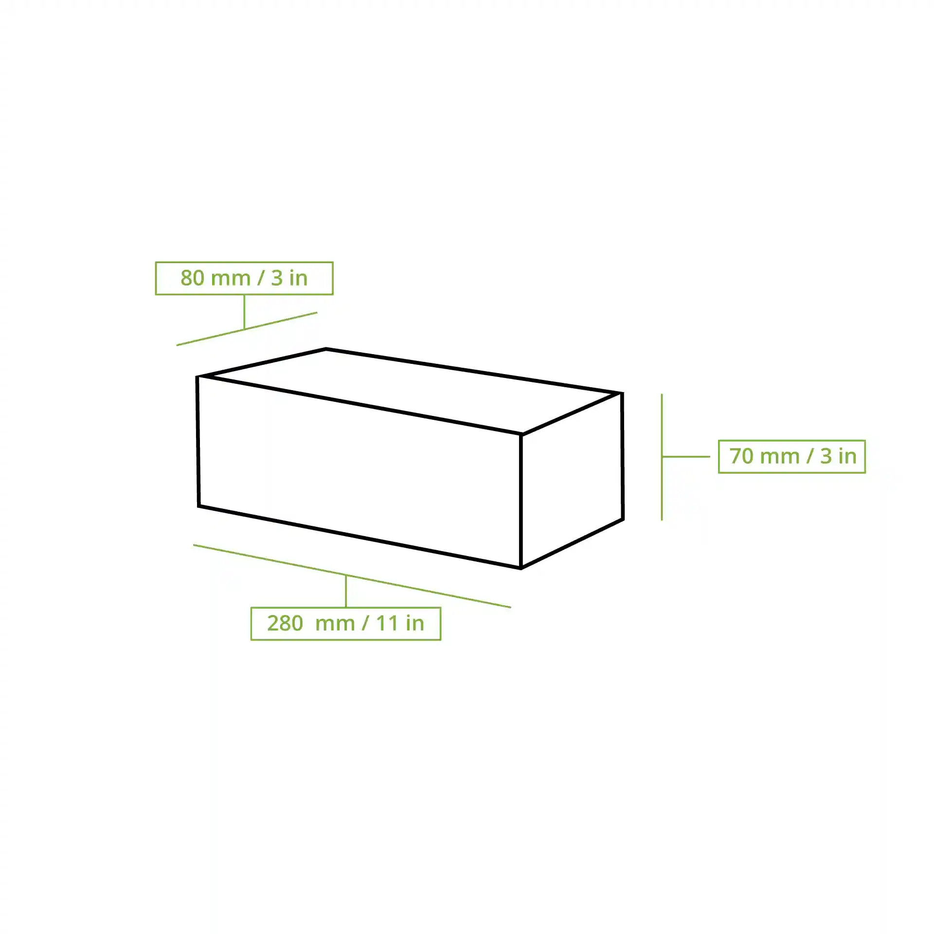 Schematic drawing of a rectangular box with dimensions labeled: 80 mm, 70 mm, and 280 mm.