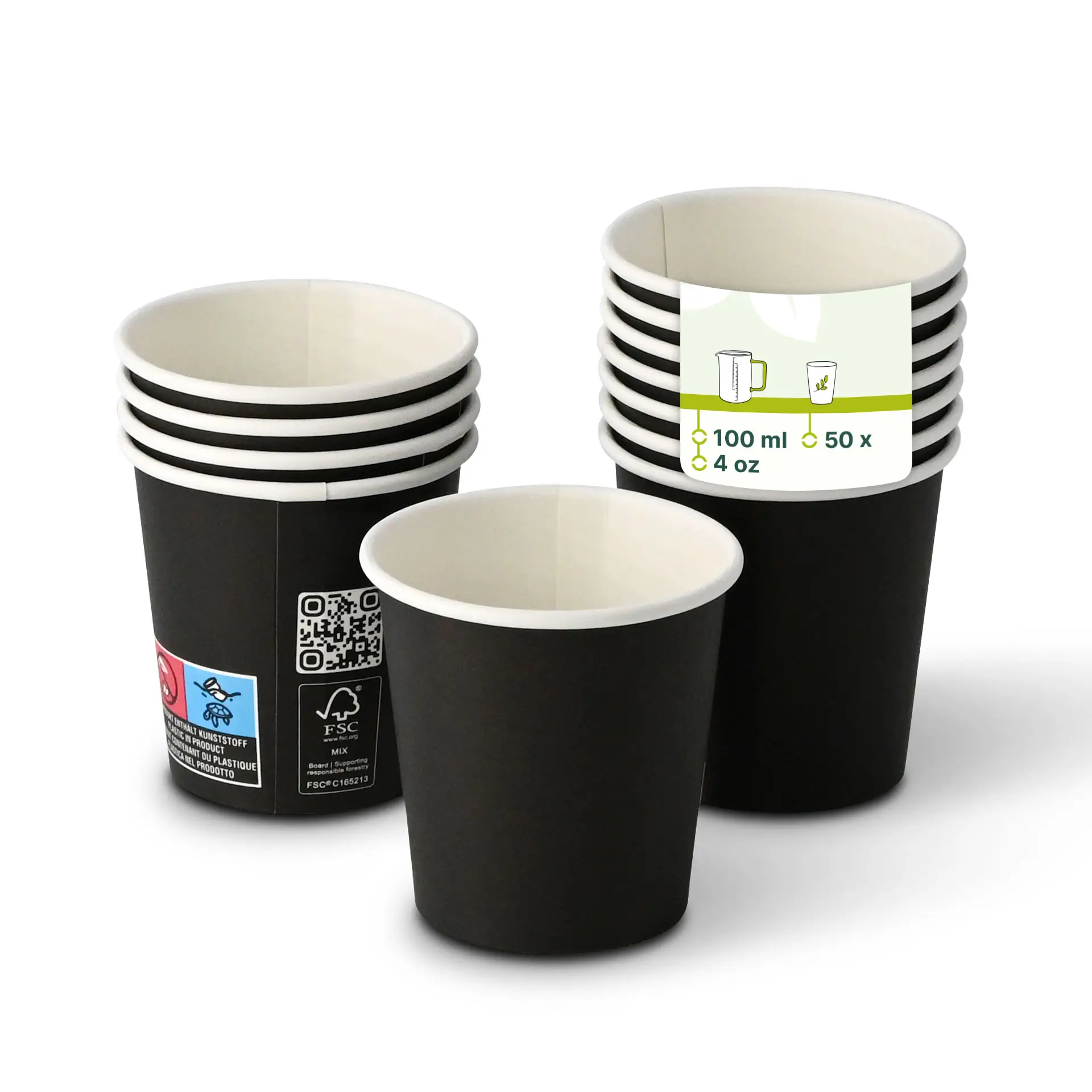 Black single-wall paper cup with PLA coating, 100 ml capacity, suitable for hot and cold drinks.