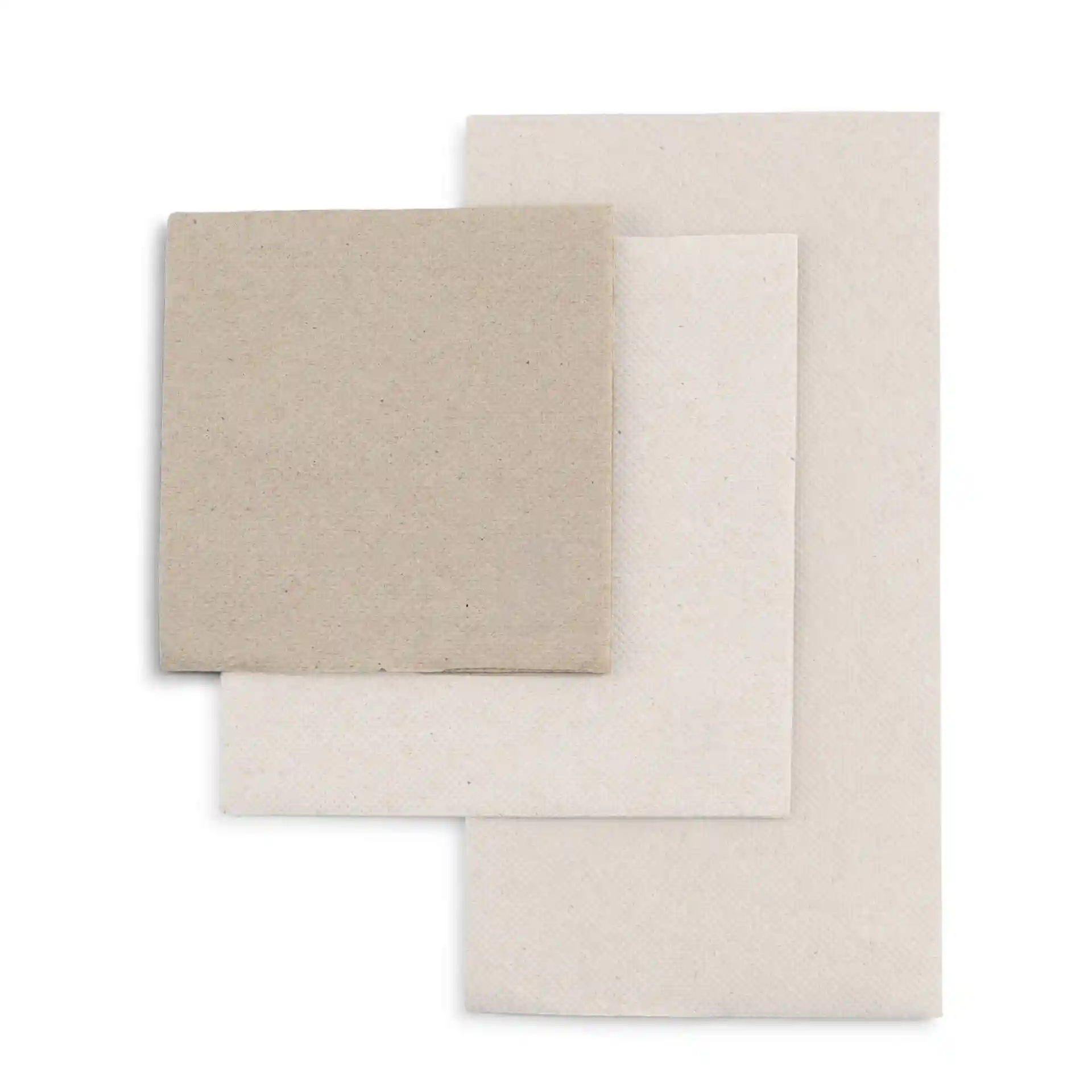 Square recycled cocktail napkins in unbleached paper, featuring three sizes stacked, with visible recycling symbols.