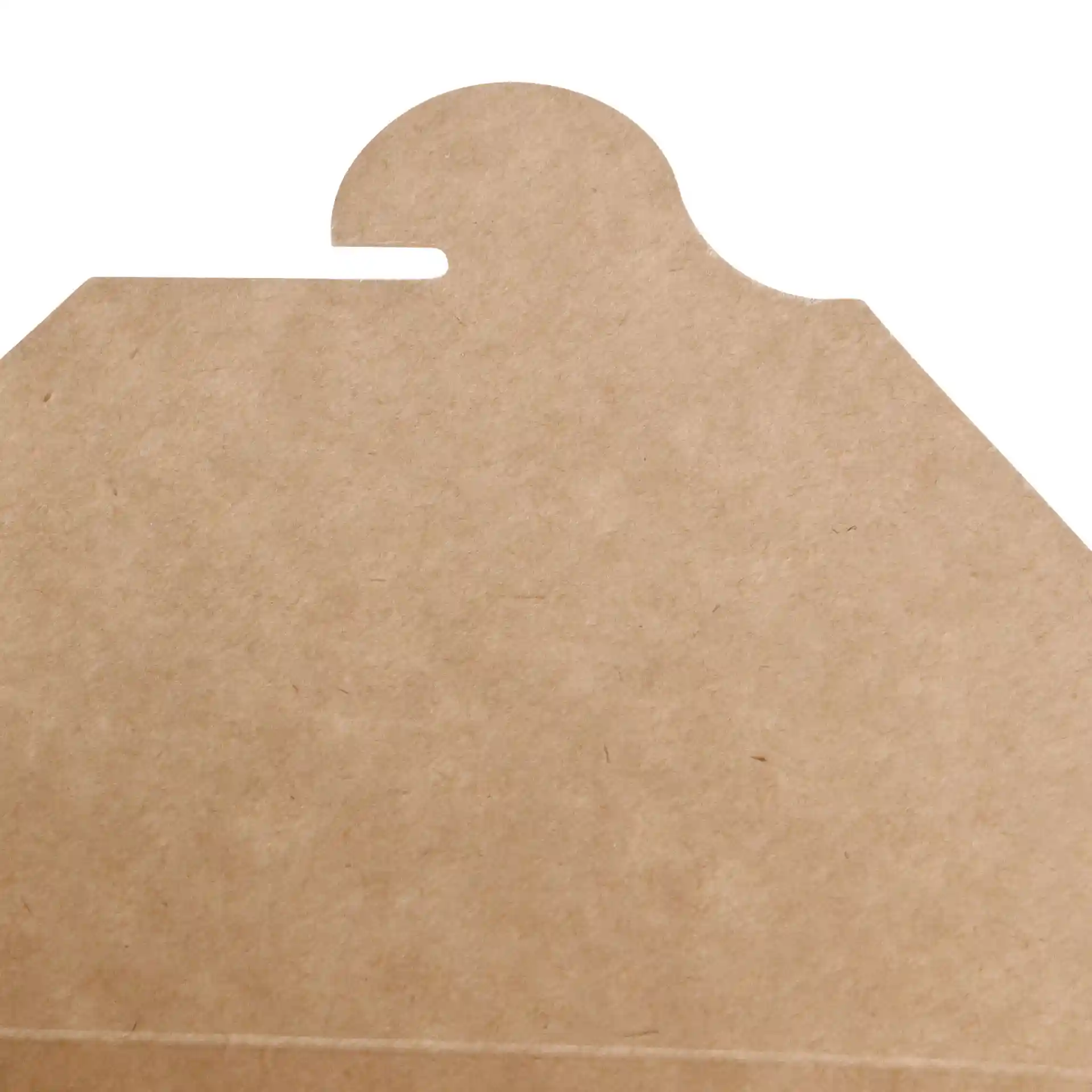 Close-up of the top edge of a brown cardboard take-away box with a rounded cutout.