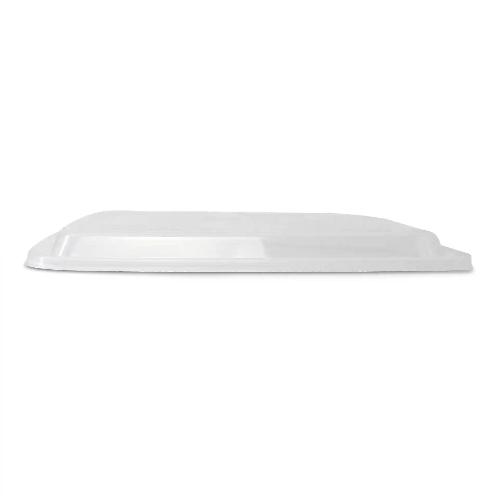 Transparent rectangular reusable lid made of polypropylene, viewed from the side.