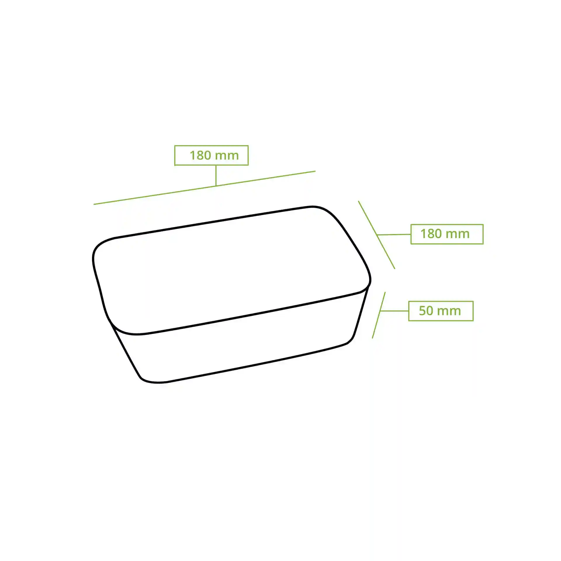 Schematic drawing of a square palm leaf bowl with dimensions 180 mm by 180 mm and height 50 mm.