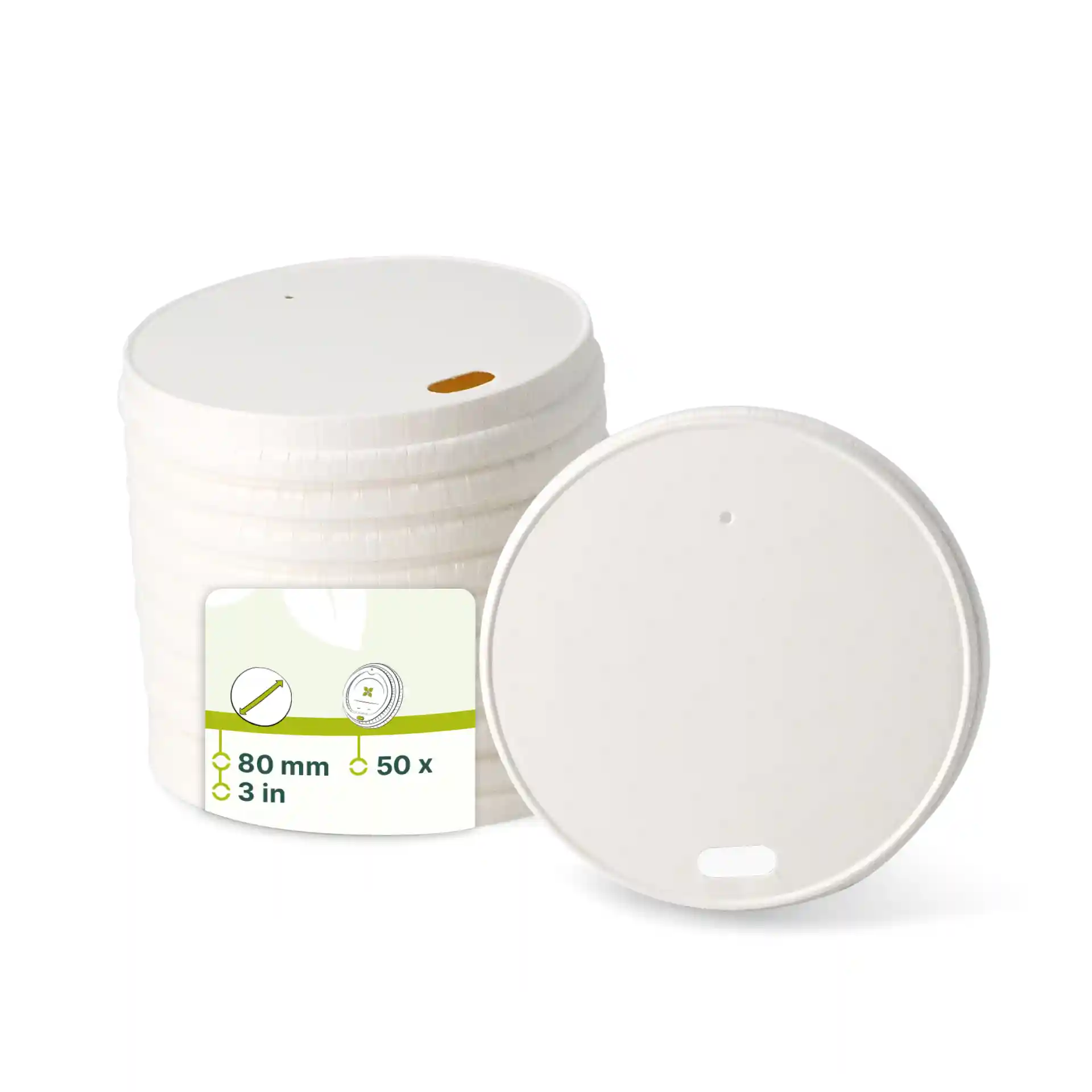 Stack of white paper lids with a diameter of 80 mm, featuring a drink opening and a label with product details.