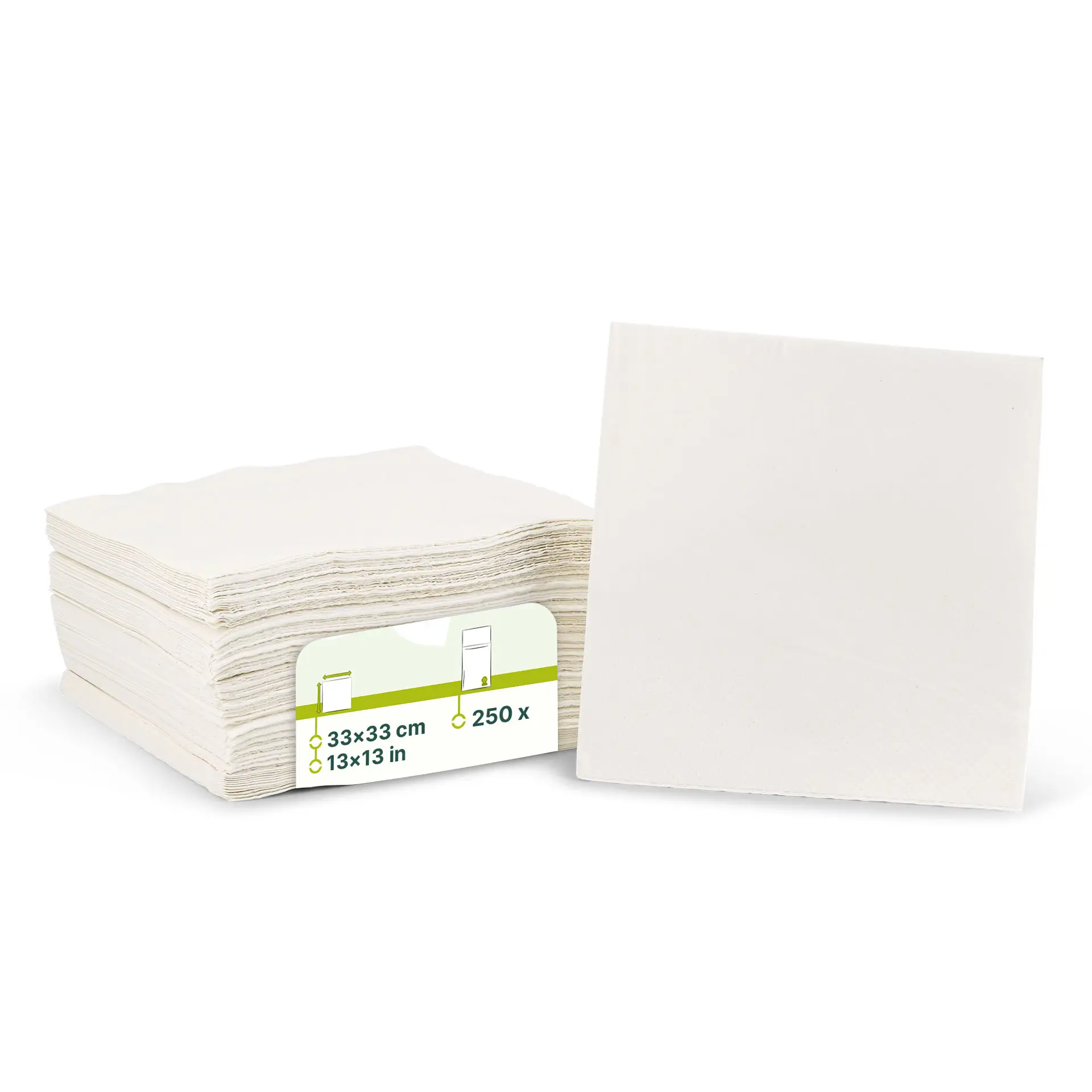 Stack of white, 2-ply recycled paper napkins, 33 x 33 cm, with a label showing product details.