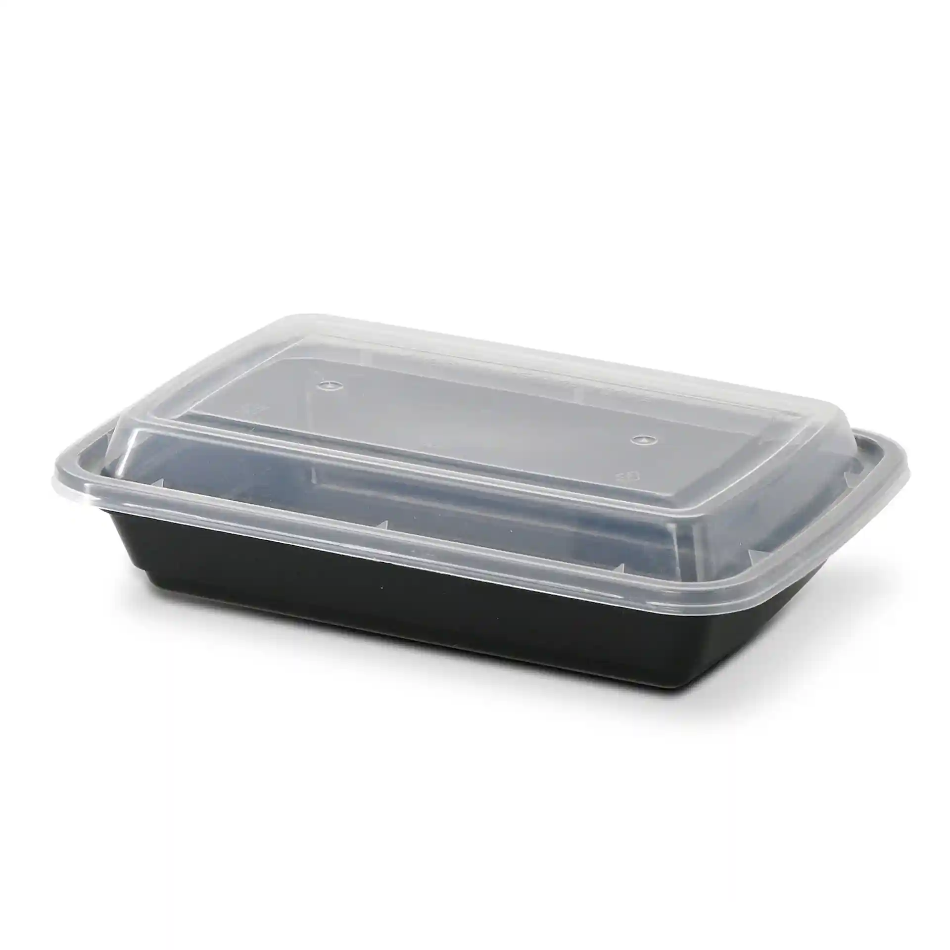 Rectangular black reusable container with a clear lid, measuring 185 mm long, 125 mm wide, and 34 mm high.