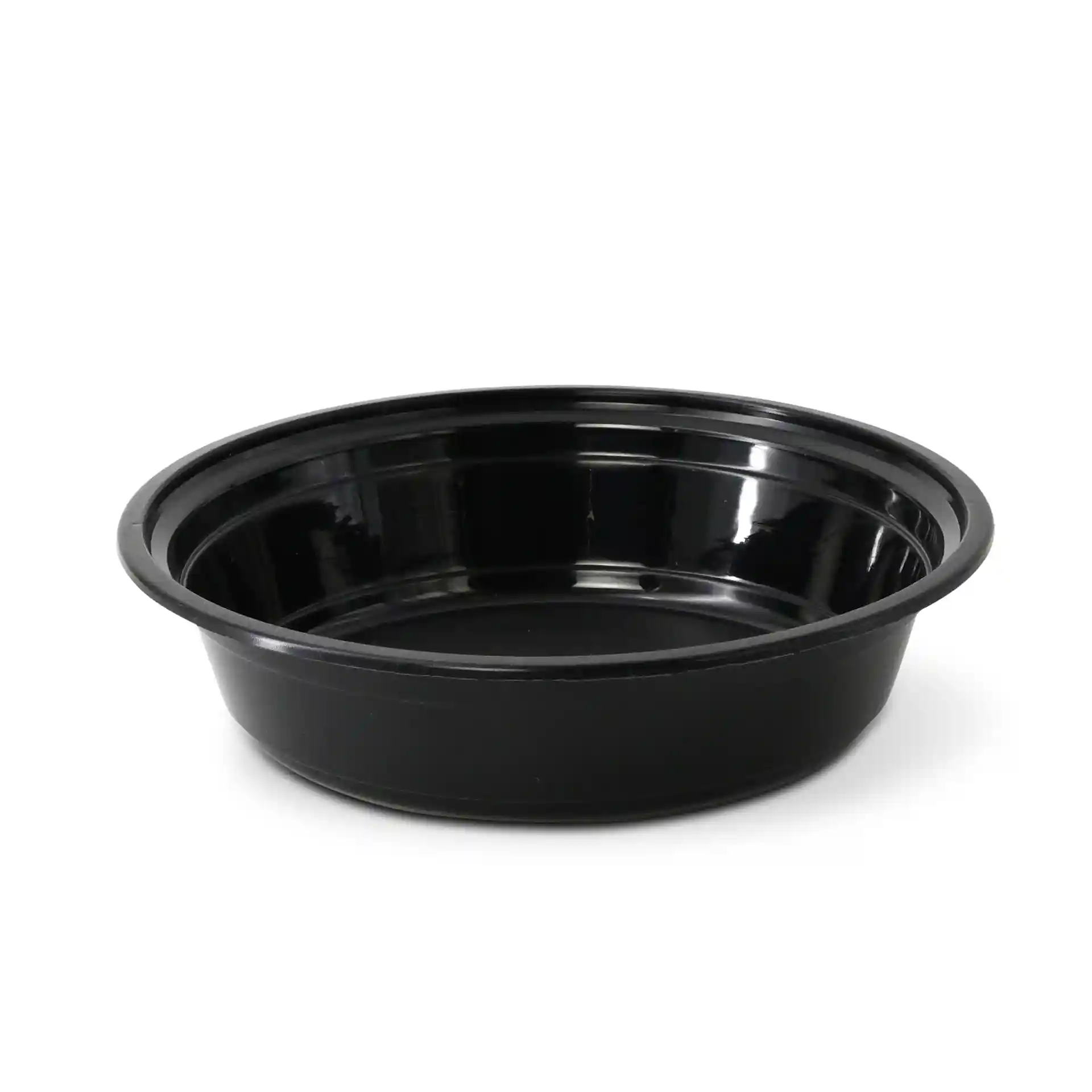 Black round reusable plate with a diameter of 182 mm and a height of 44 mm, made of polypropylene.