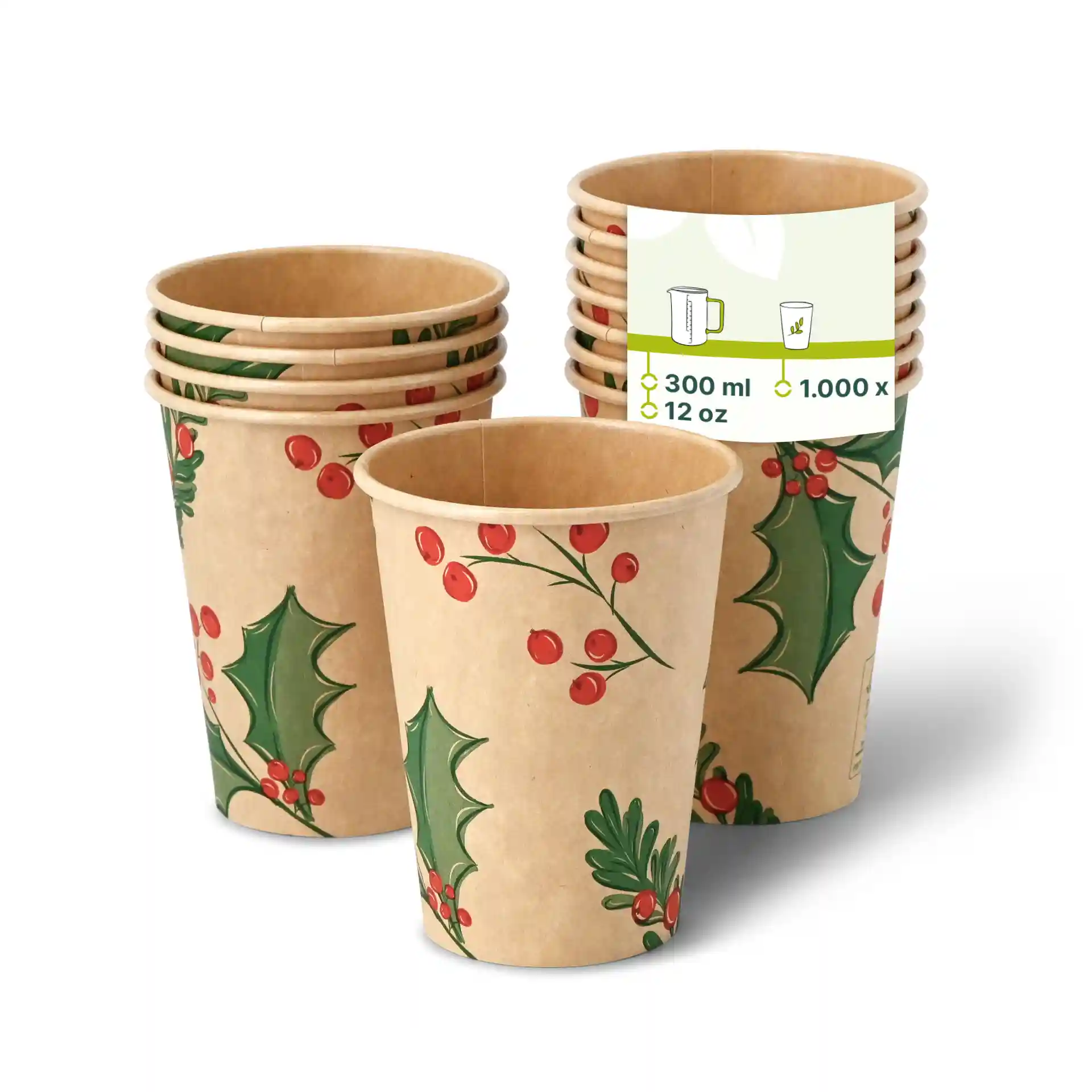Stack of unbleached cardboard paper cups with winter-themed designs, featuring holly and berries, 12 oz capacity.