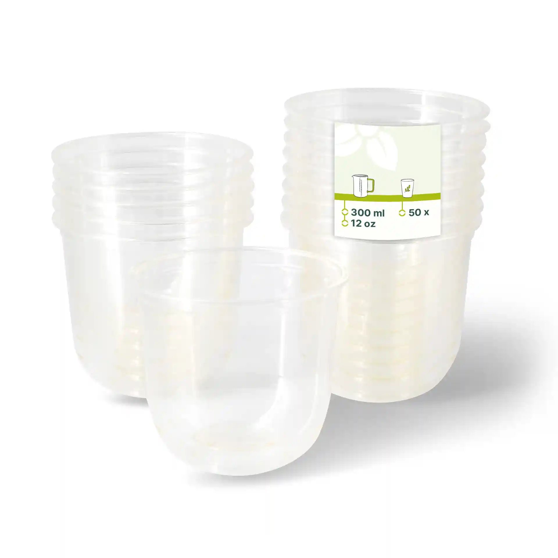 Transparent PLA dessert cups stacked with one cup in front, showing a label with product details.
