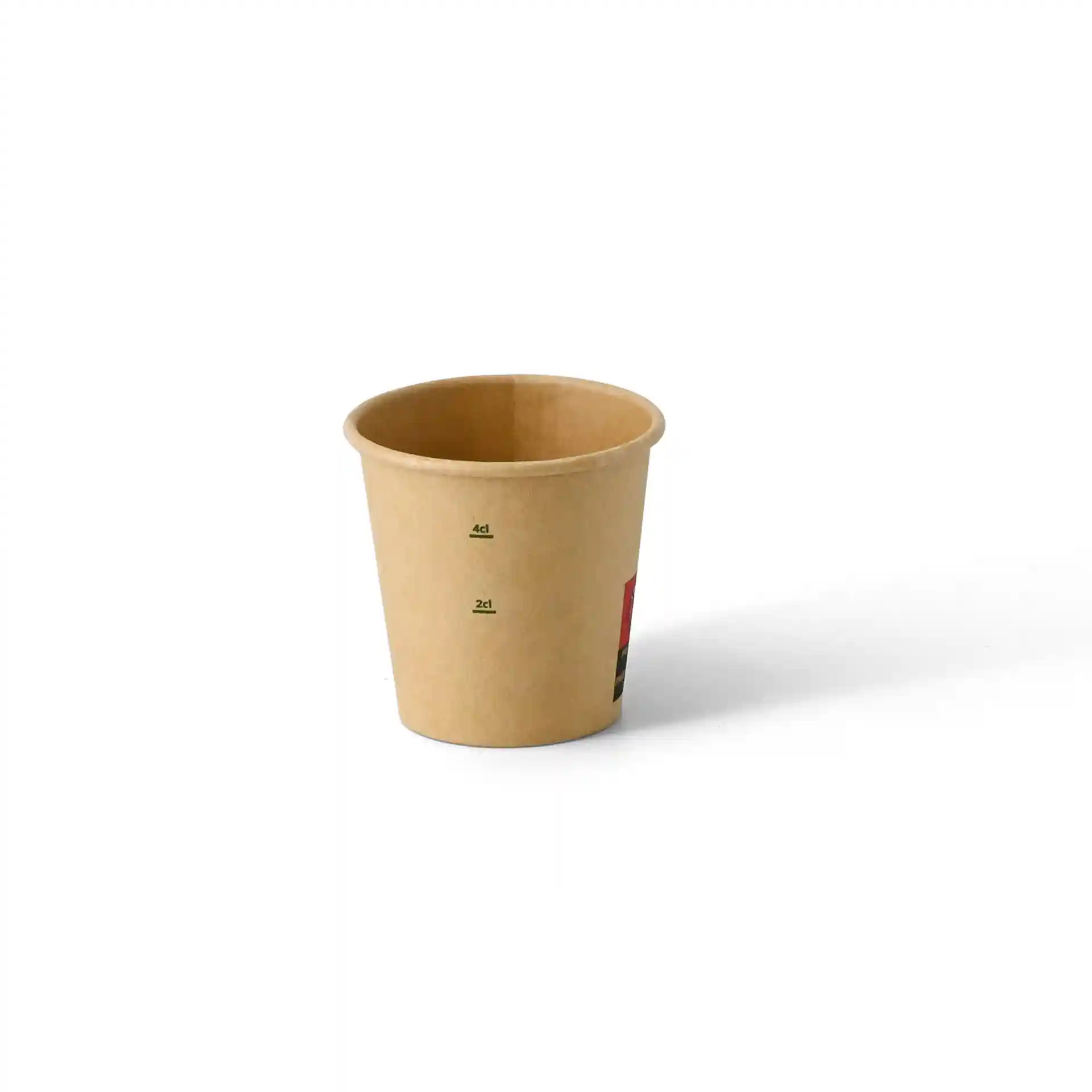 Brown paper cup with a diameter of 50 mm and a height of 50 mm, featuring measurement markings inside.