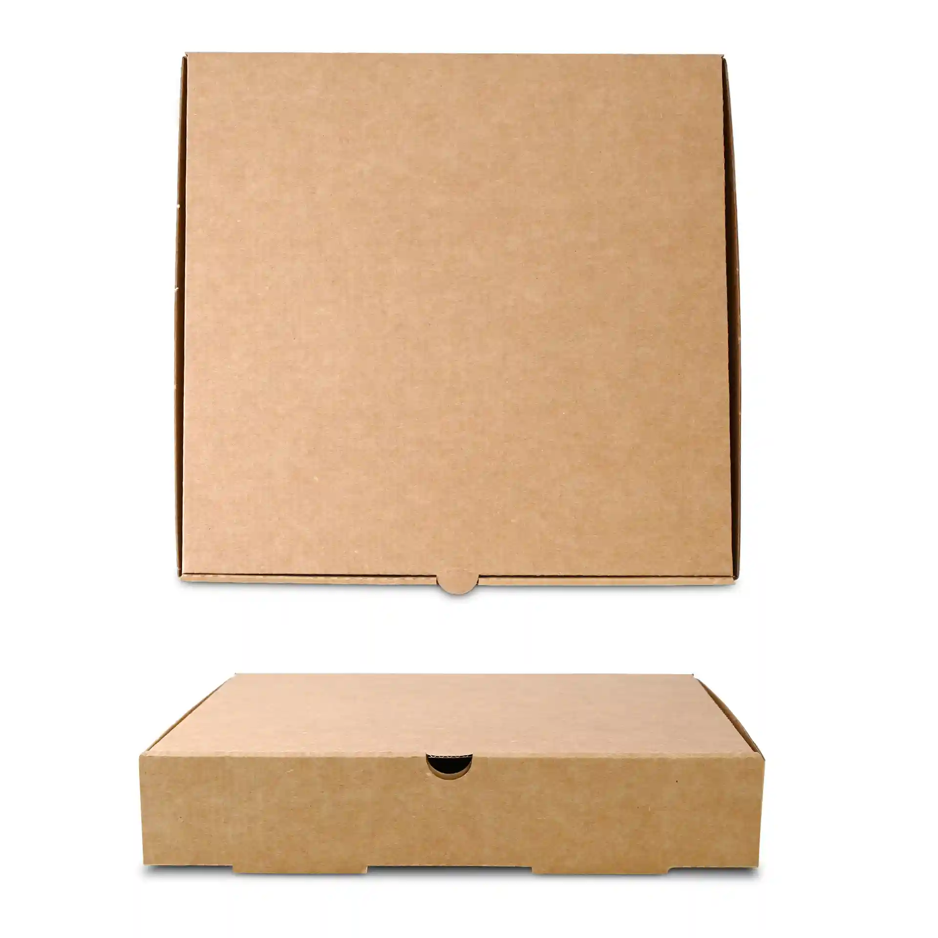 Brown cardboard pizza box, square shape, with a height of 47 mm and dimensions of 265 mm by 260 mm.
