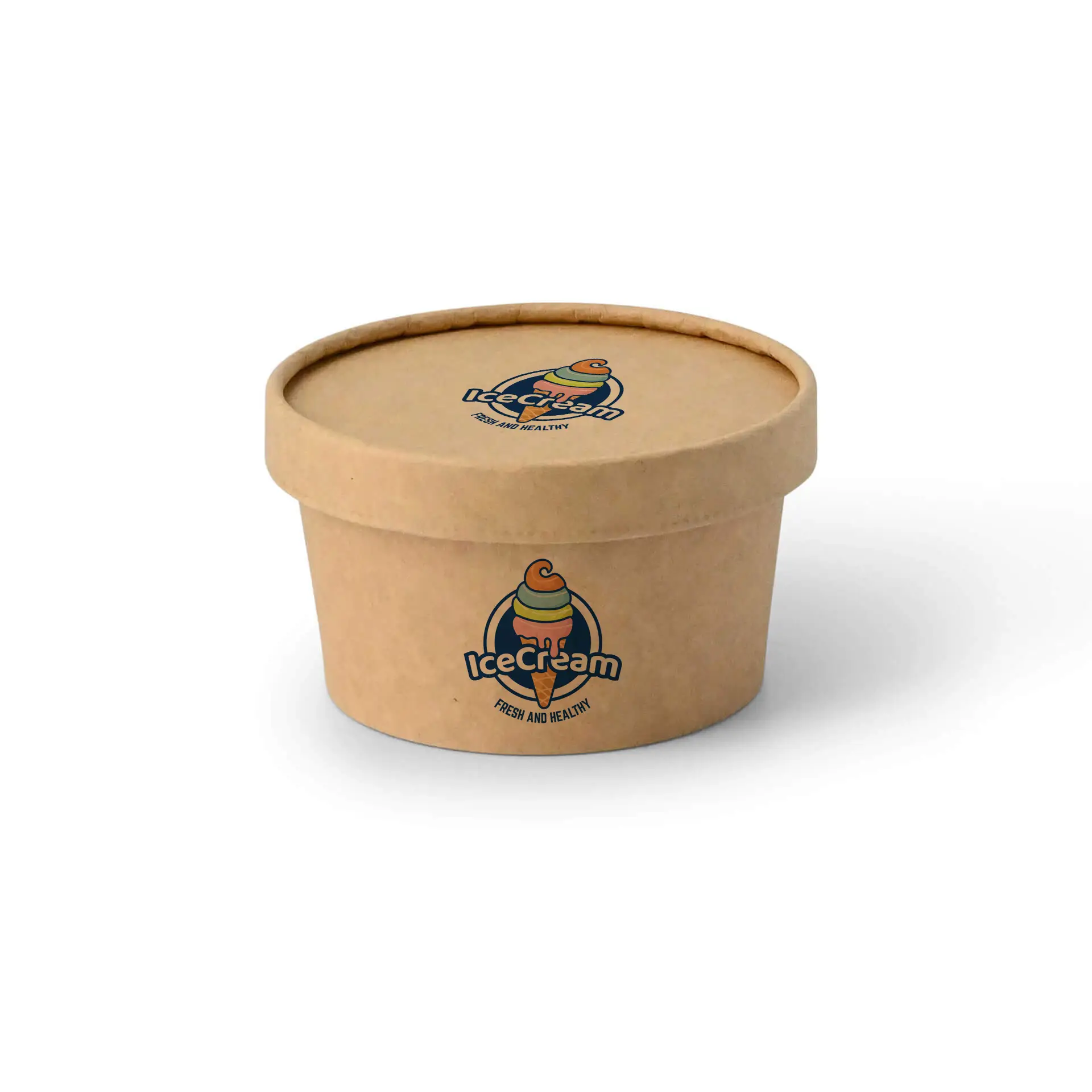 Custom printed brown ice cream cup, 150 ml, with logo for branding; PLA-coated for durability and leak resistance.