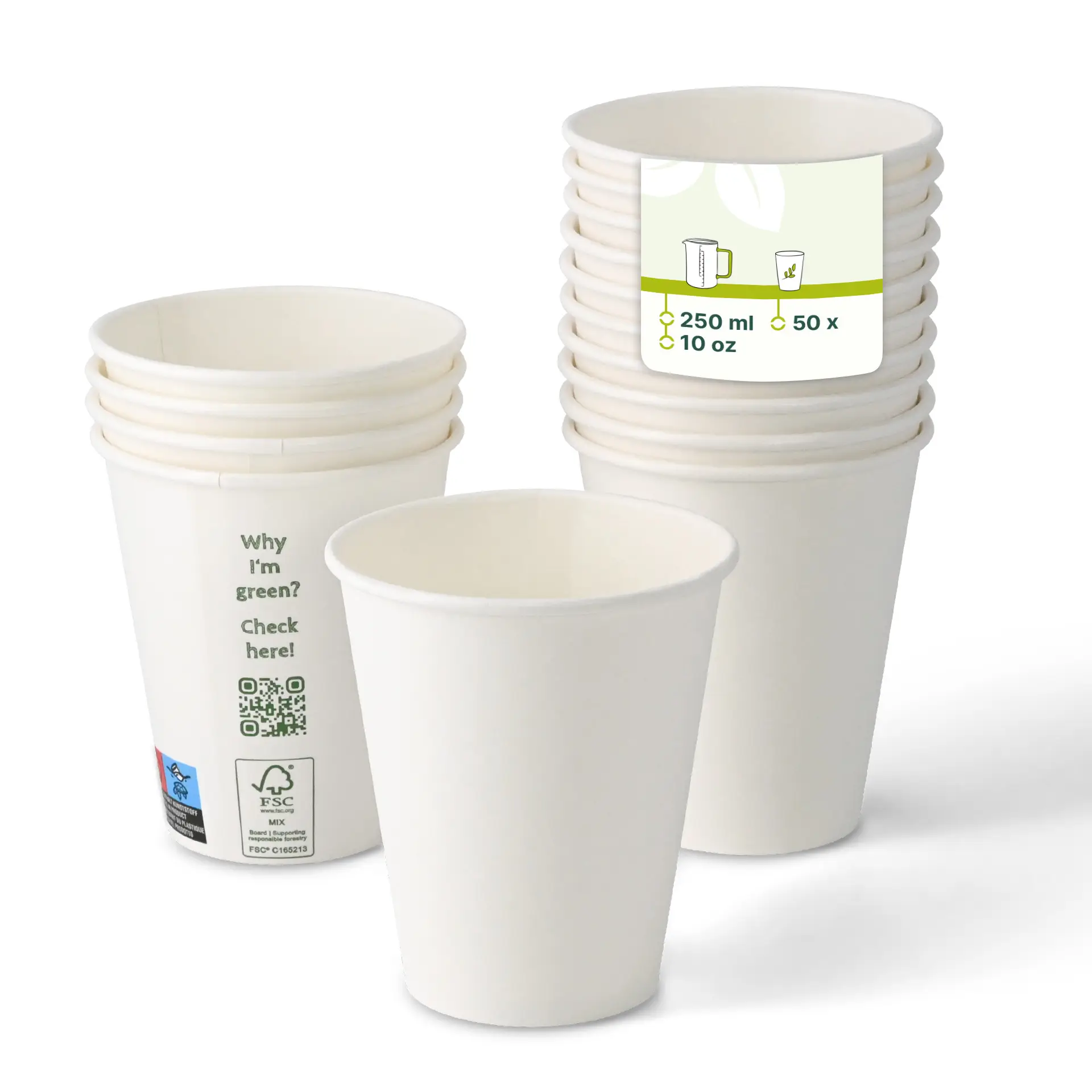 Paper cup 250 ml / 10 oz, Ø 90 mm, single wall, white, PLA-coated