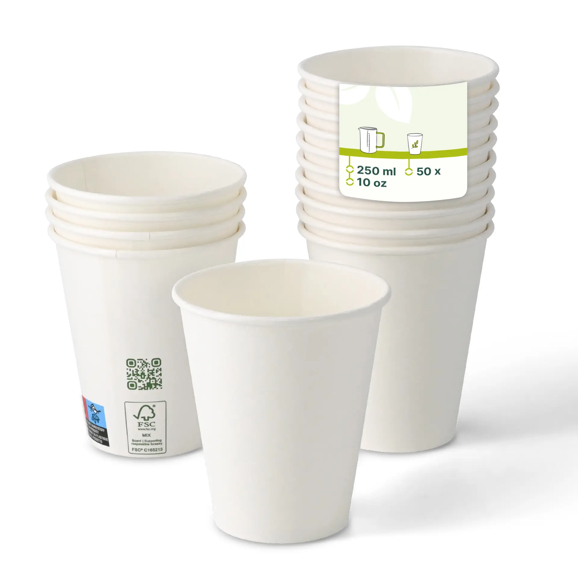 One white PLA-coated paper cup in focus; several similar cups stacked behind with a label showing capacity and eco-information.