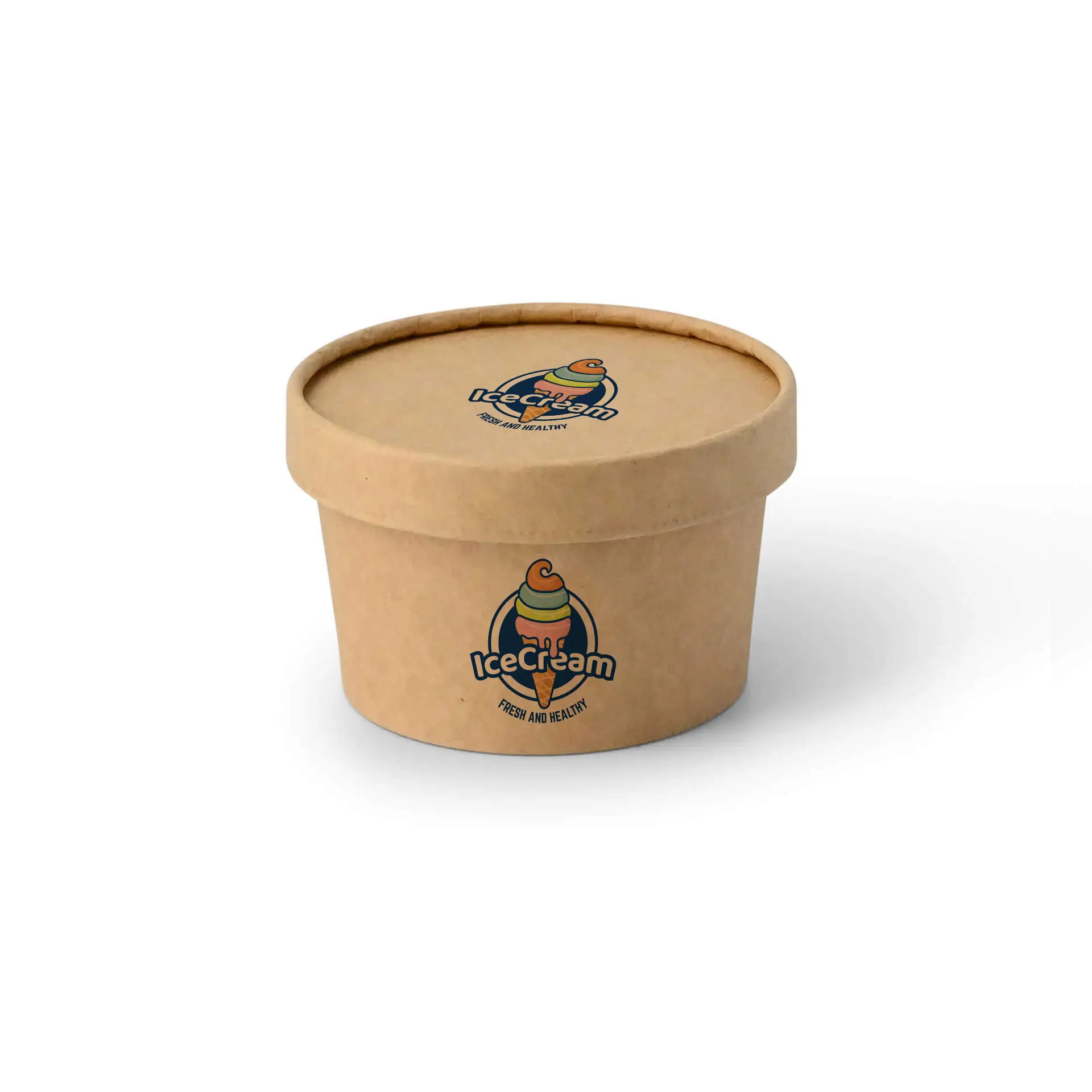 Custom-printed brown ice cream cup with a logo, 150 ml capacity, designed for ice cream shops and events.
