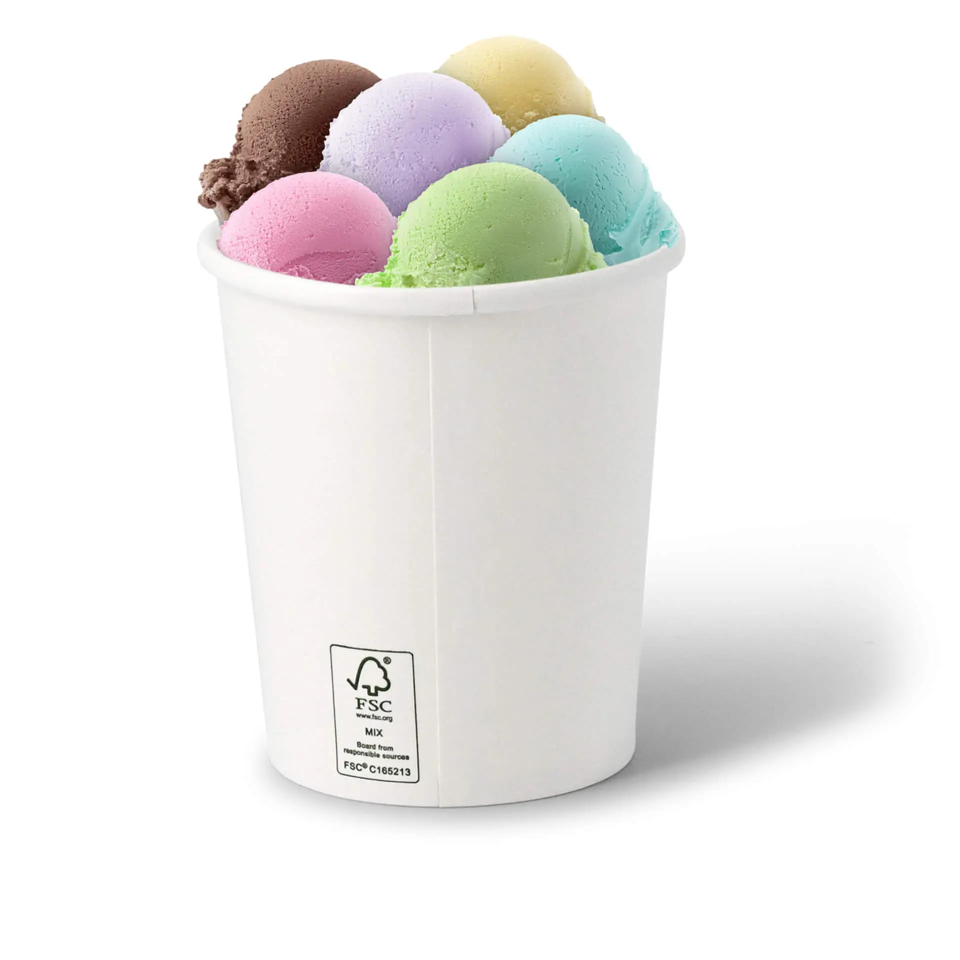 White paper ice cream cup filled with multiple scoops of ice cream in various colors, including brown, yellow, purple, green, pink, and blue.