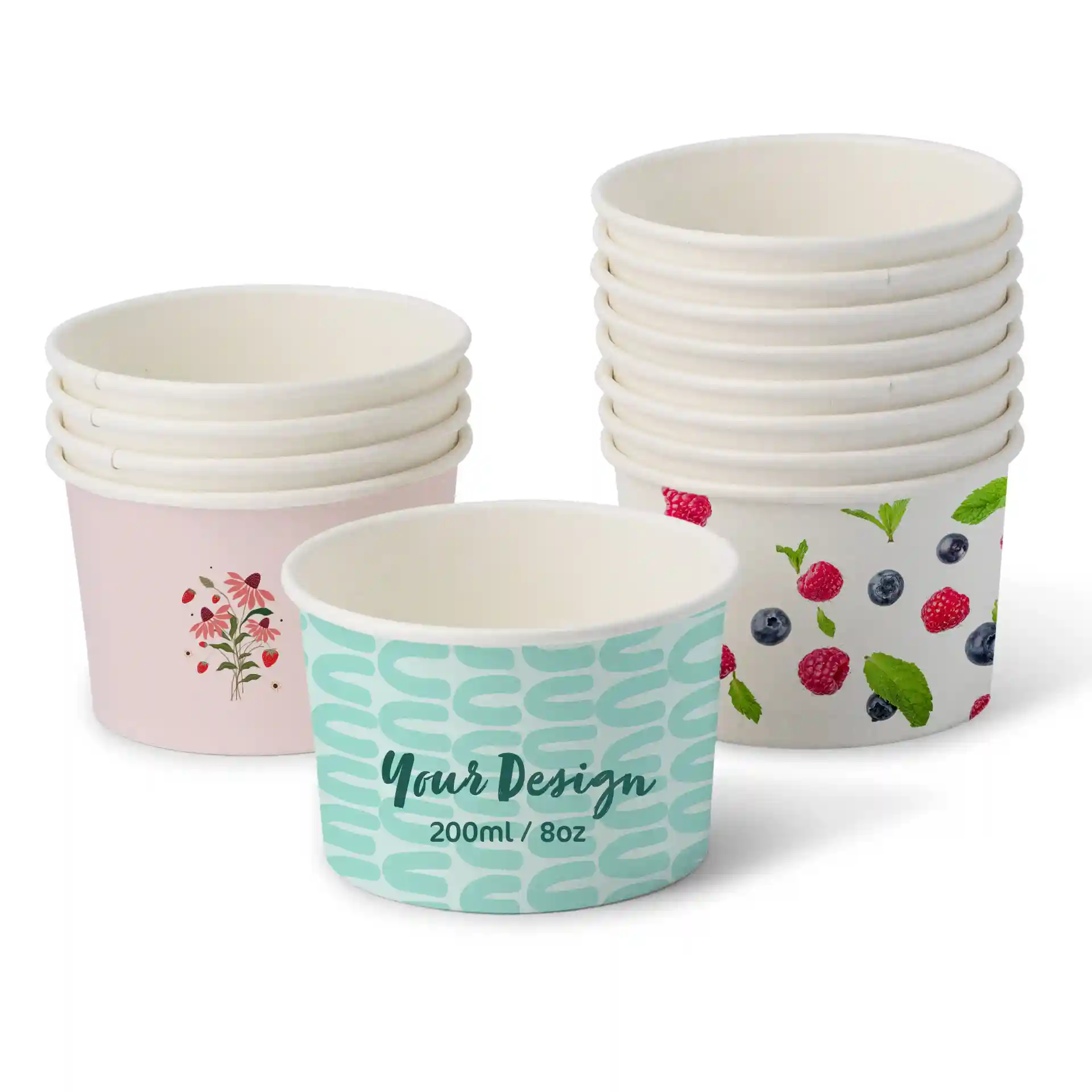 Round ice cream cups in various designs, including a pink floral pattern and a blue pattern, with a capacity of 200 ml.