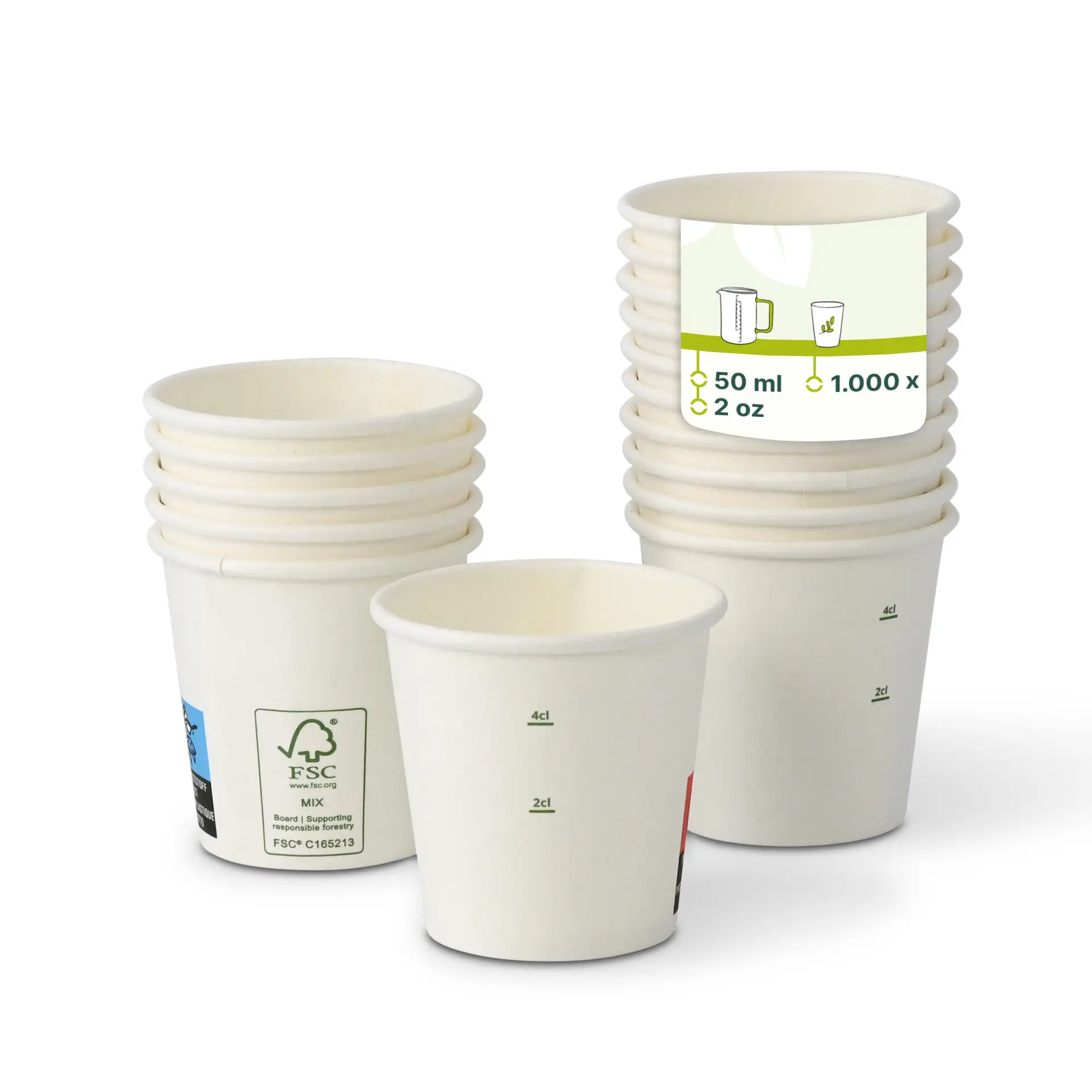 Stack of white paper cups with a diameter of 50 mm, showing one cup in front and a label with markings.