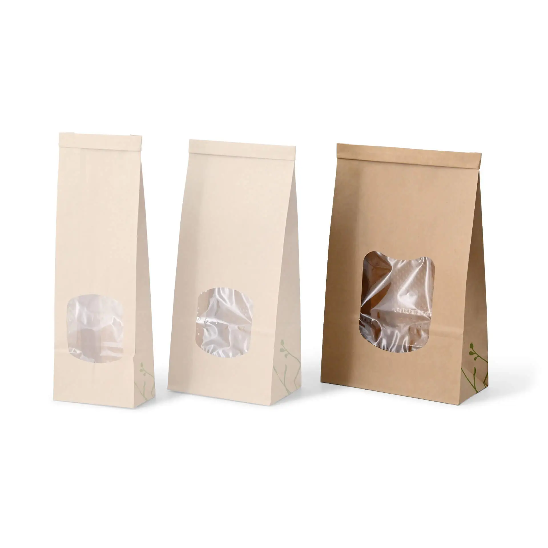 Block bottom bags with window L, 15.5 x 7 x  24.2 cm, PLA-foil, brown, tin tie, kraft paper