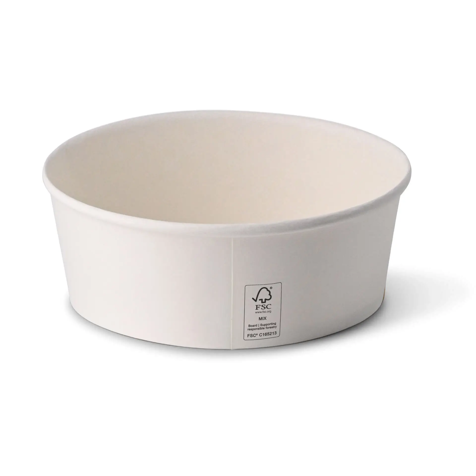 One white paper bowl with a smooth interior and a printed logo at the base.