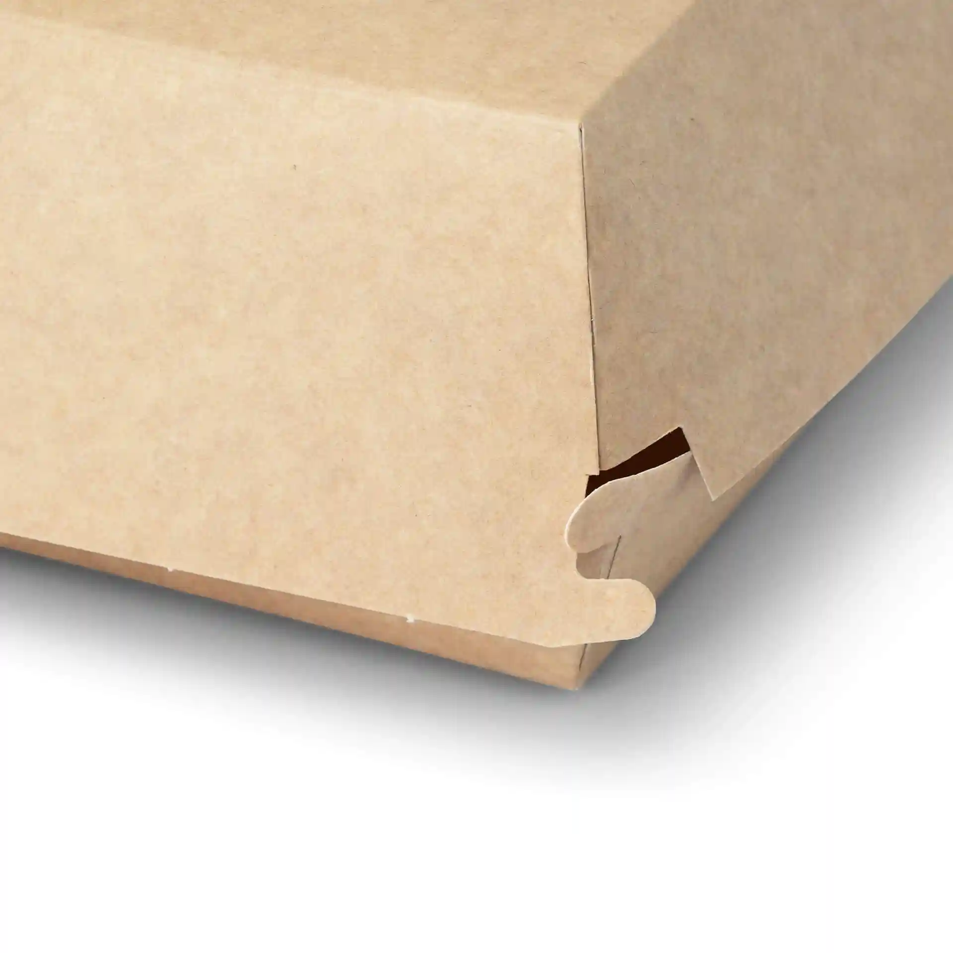 Brown cardboard takeaway burger box with a square shape and a flap closure.
