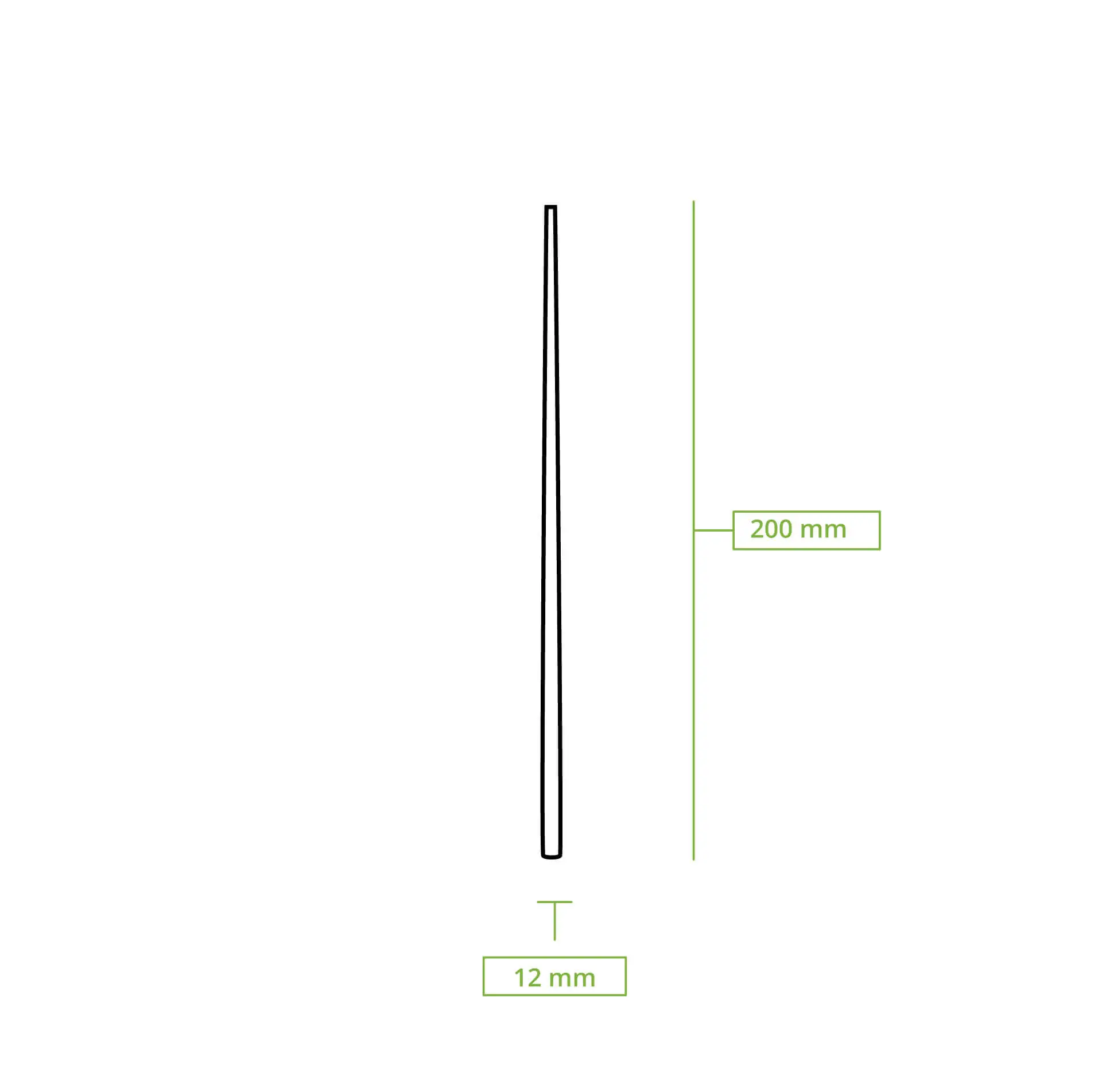 Bamboo chopsticks, 20 cm long, shown vertically with dimensions labeled 200 mm and 12 mm.