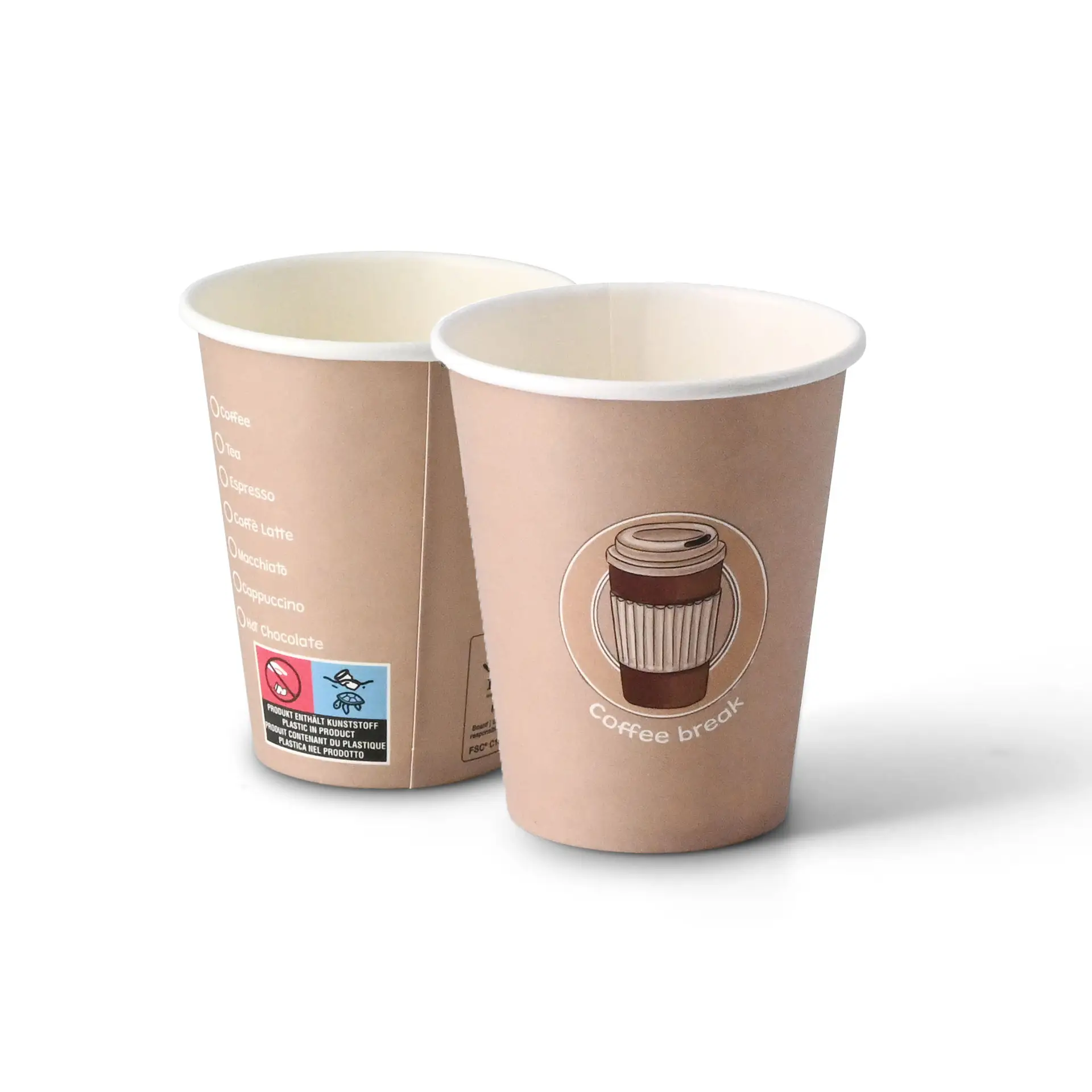 Round 8 oz cardboard cup printed with a coffee design and "Coffeebreak" label, showing two cups from different angles.