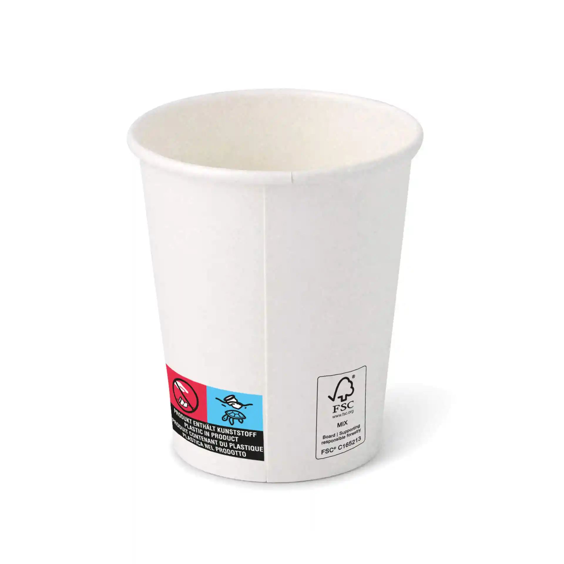 White paper cup with a round shape, 8 oz capacity, featuring a label with symbols and a certification mark.