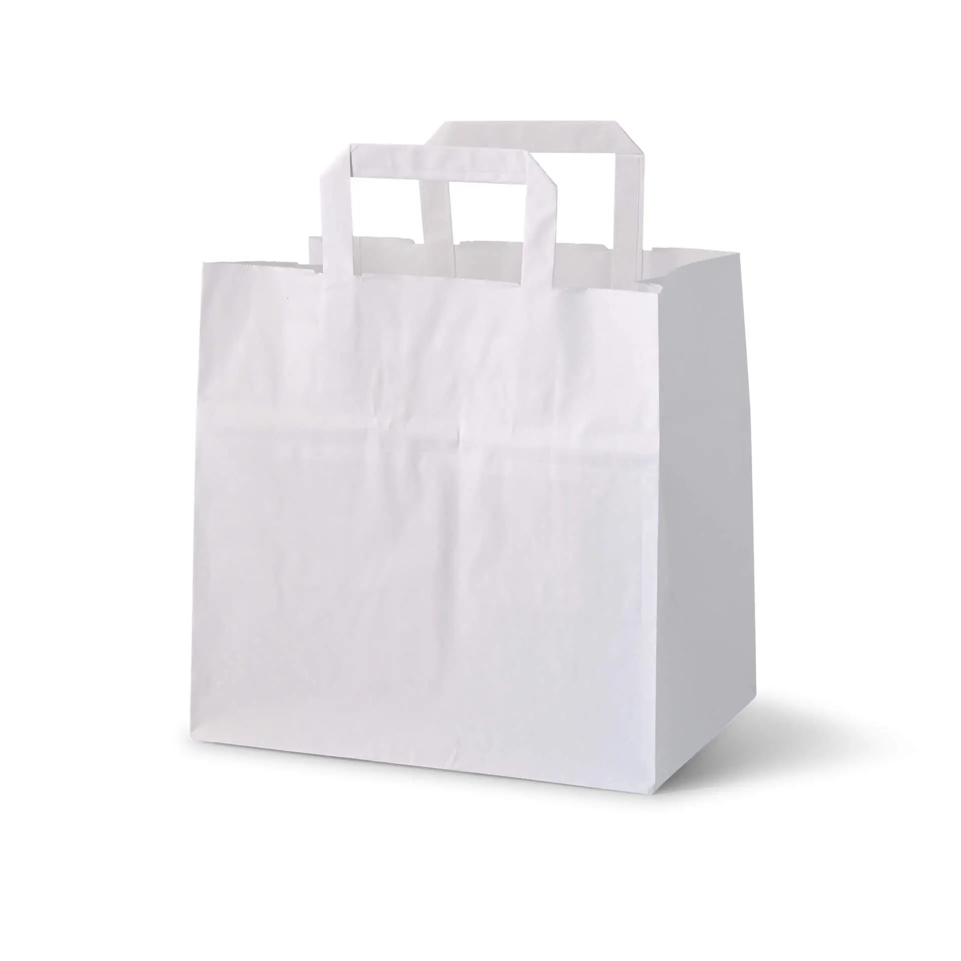 White kraft paper carrier bag, 26 x 17 x 25 cm, with two handles, durable and biodegradable.